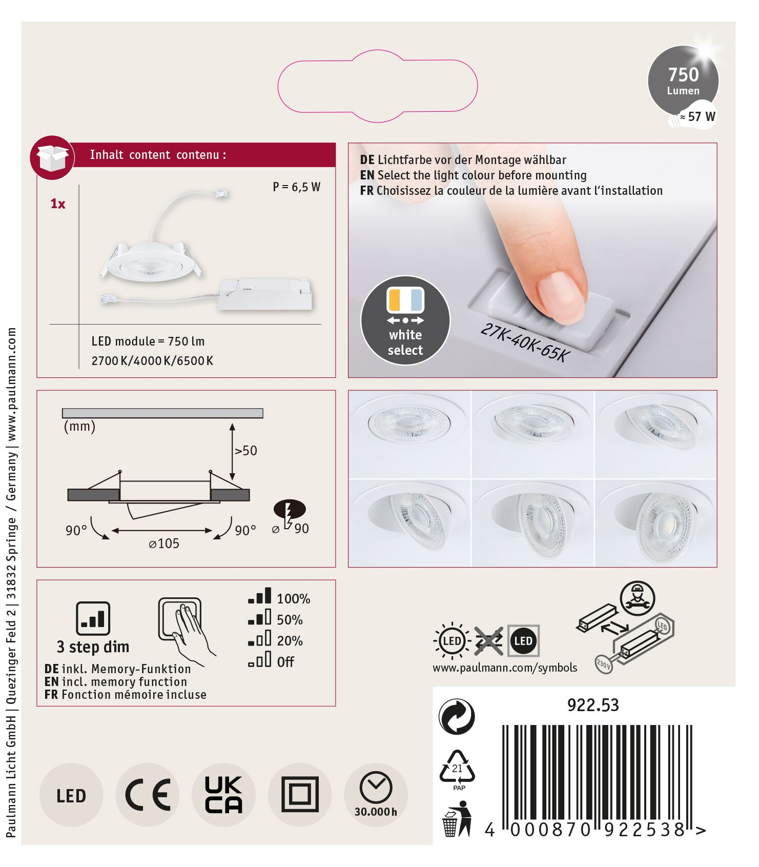 Opakowanie produktu z białym światłem LED. Zawiera szczegóły produktu, ustawienia światła, ściemnianie i specyfikacje.