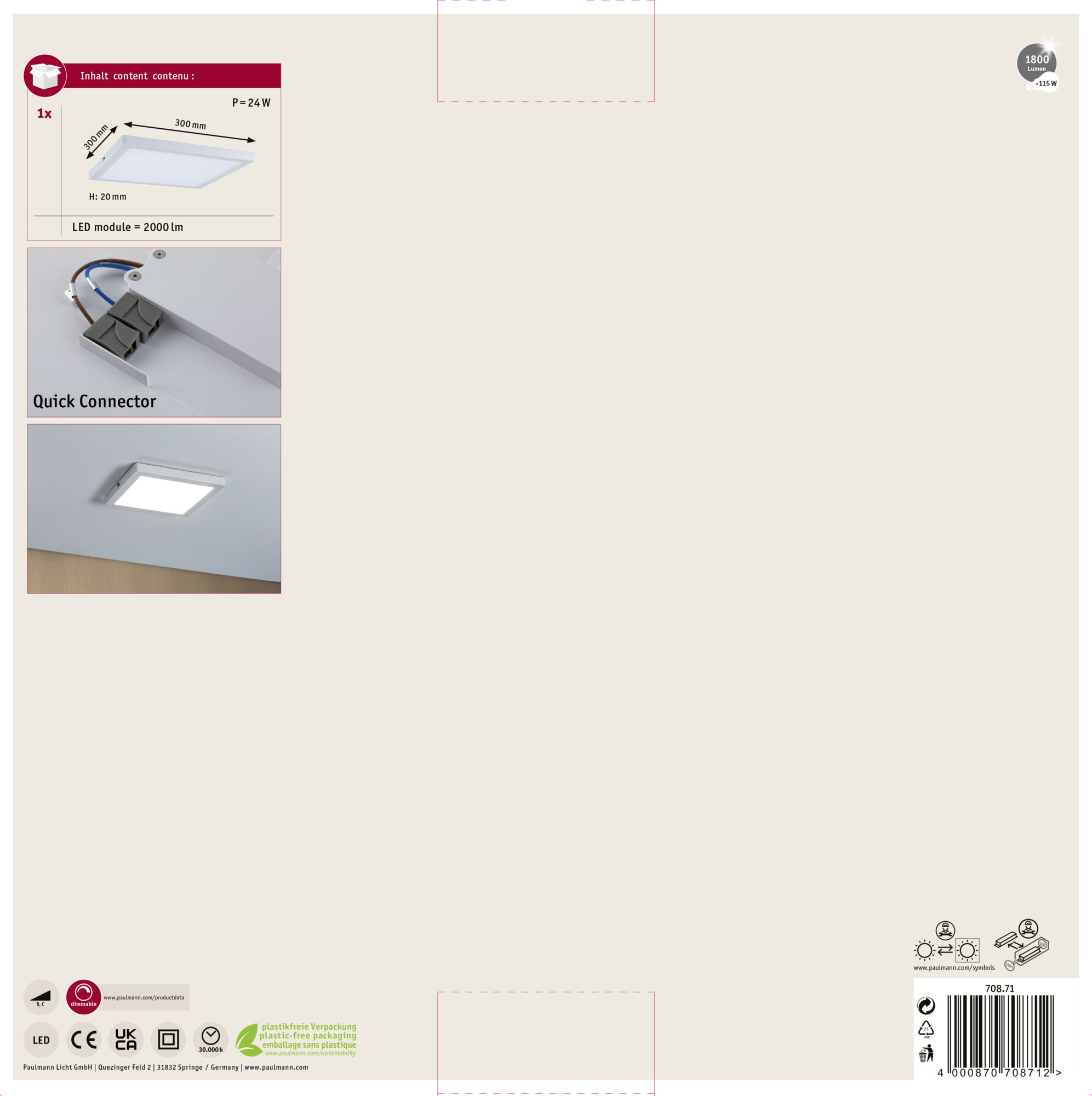 Karta szczegółów produktu ze schematem oprawy, szybkozłączką i informacjami o produkcie. Biała kwadratowa lampa LED z wymiarami.