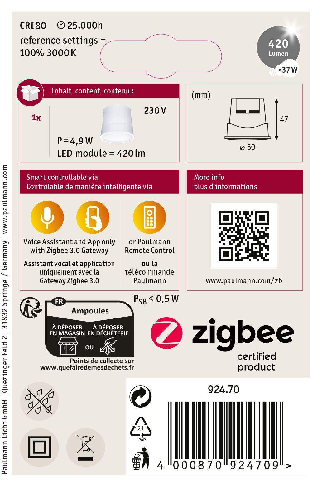 Etykieta produktu ze szczegółami oświetlenia: 420 lumenów, 37W i certyfikat Zigbee. Zawiera informacje i instrukcje dotyczące utylizacji.