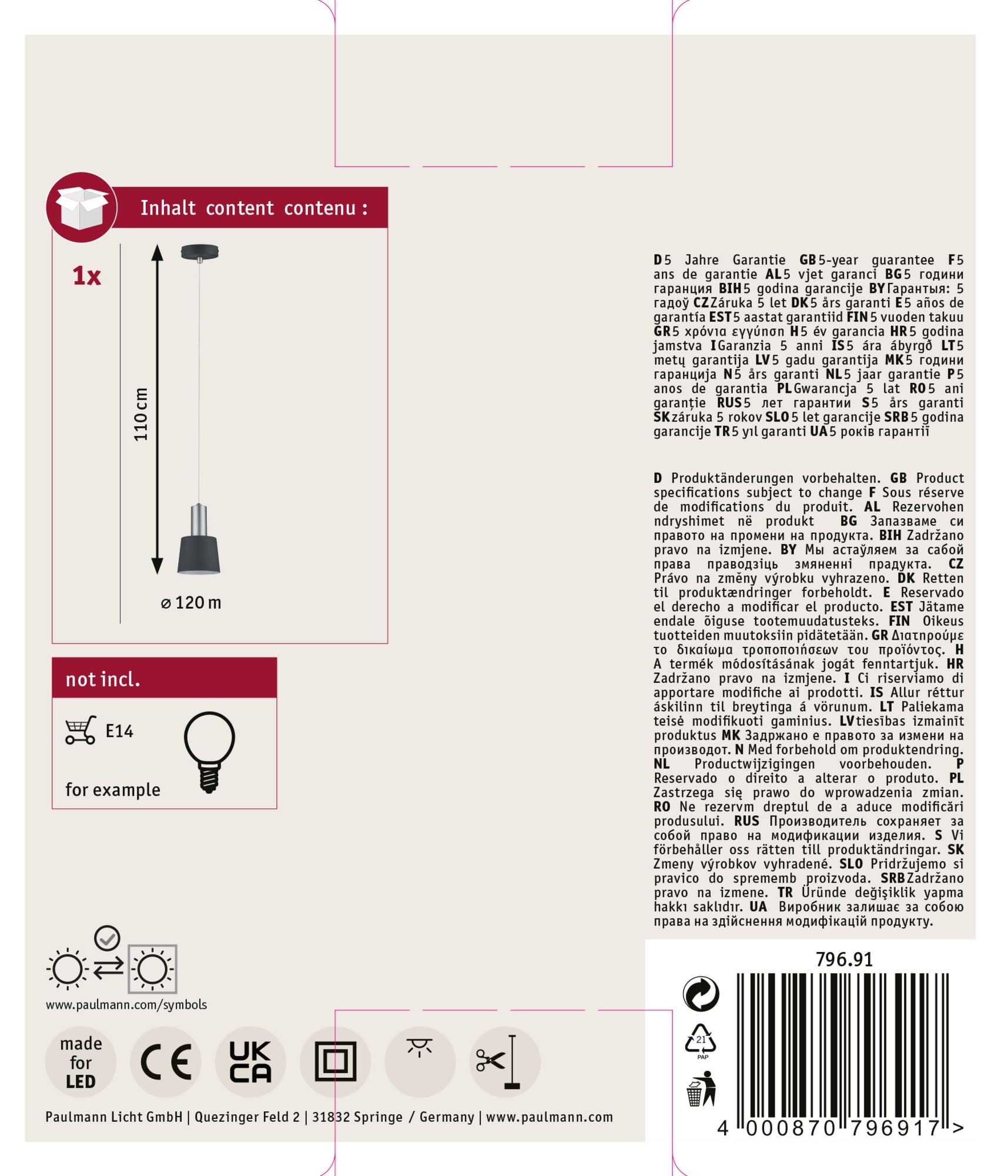 Una scatola del prodotto mostra una lampada a sospensione con dimensioni e dettagli della garanzia.