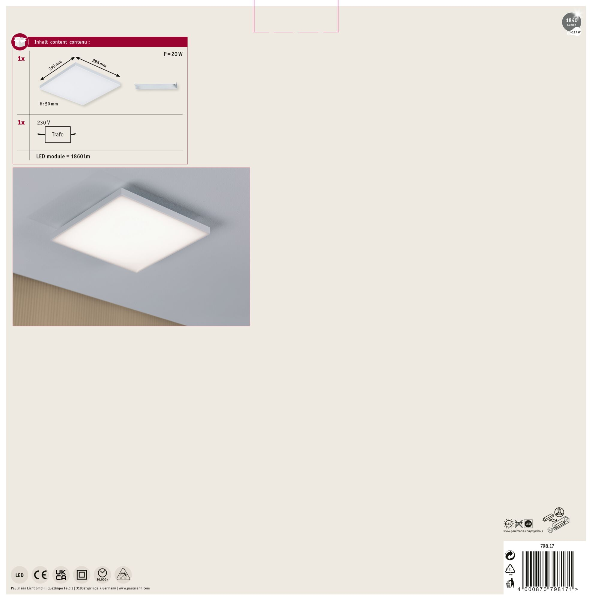 Kwadratowa lampa sufitowa LED jest zamontowana na jasnoszarym suficie. Światło jest jasno białe, ze szczegółami produktu.