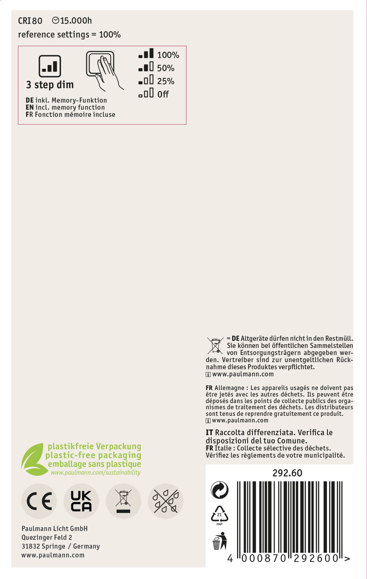 Obraz przedstawia informacje o produkcie z tekstem, ikonami i kodem kreskowym. Zawiera szczegóły dotyczące utylizacji i recyklingu.