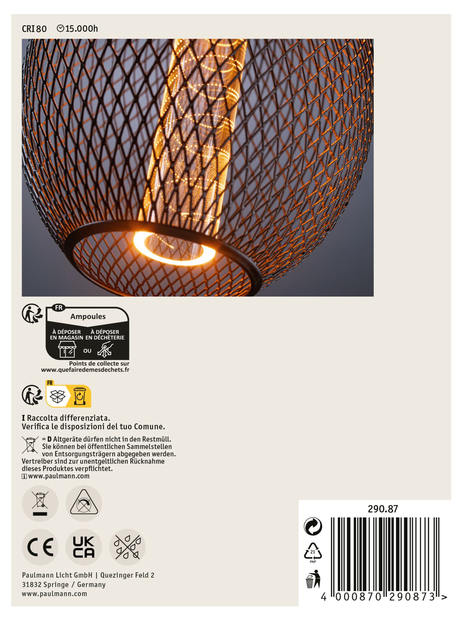 Dekoracyjna lampa z czarnym, klatkowym kloszem. Żarówka w środku emituje ciepłą, pomarańczową poświatę.