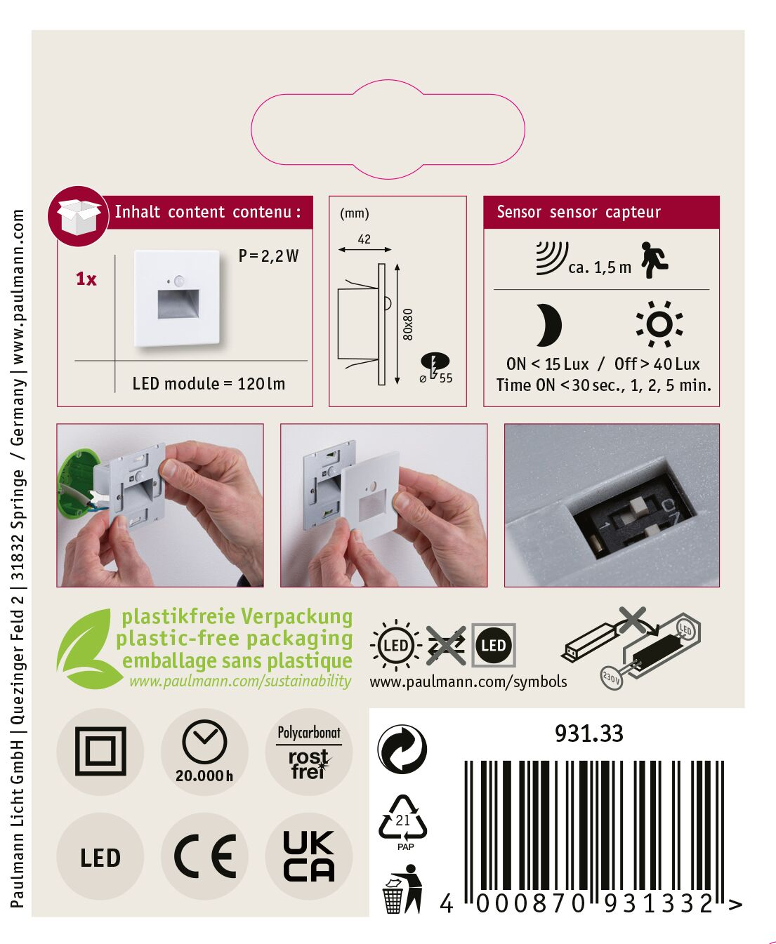 Confezione prodotto con sensore quadrato bianco, dimensioni e dettagli tecnici. Include specifiche LED e sensore.