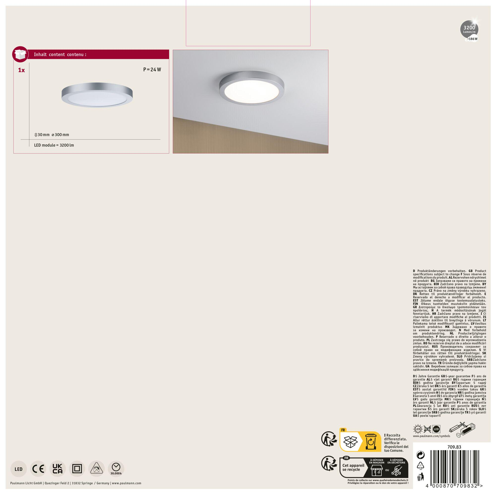 Pokazana jest okrągła, srebrna lampa sufitowa LED. Dane techniczne: 300 mm i 3200 lm.