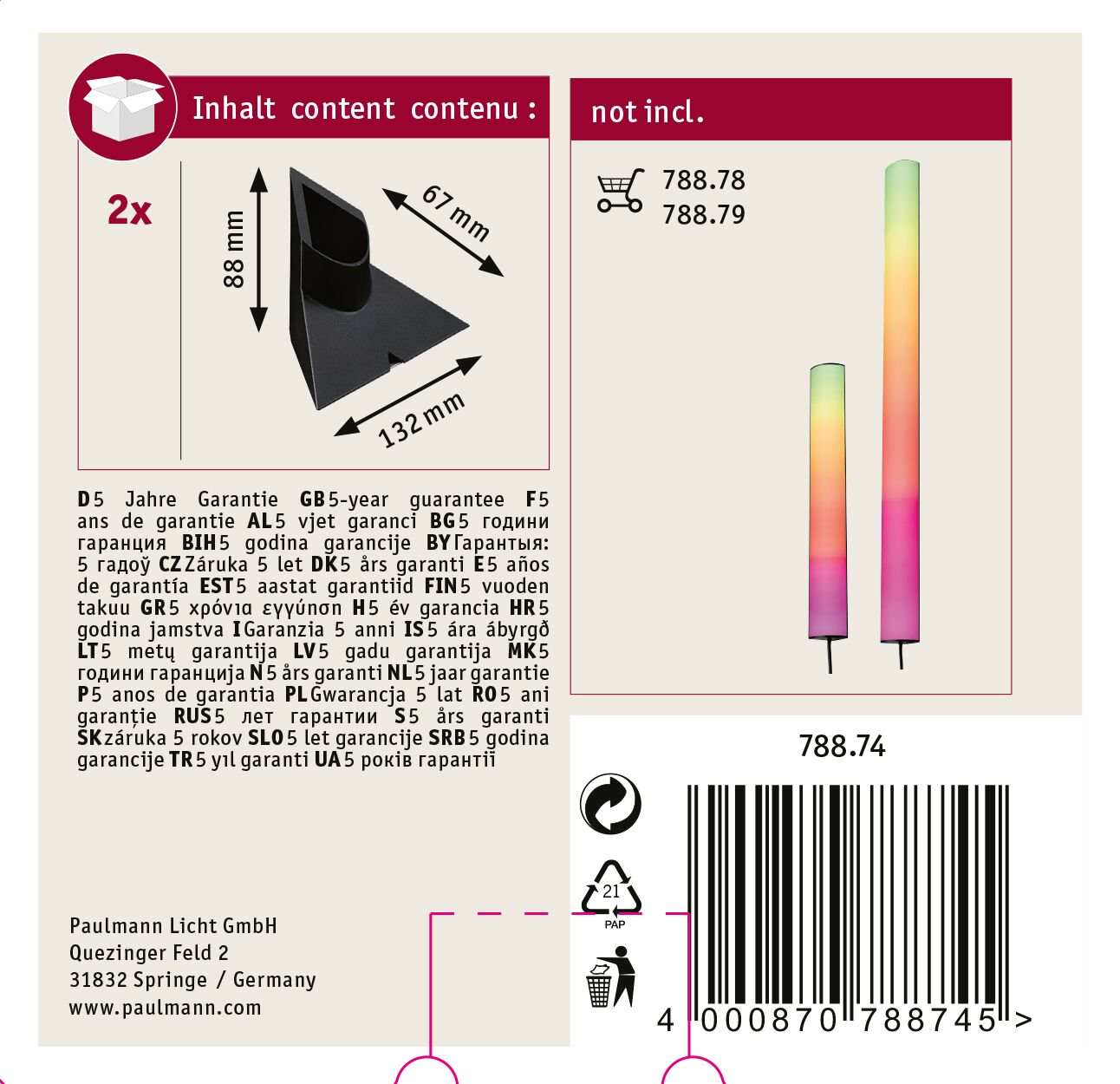 Opakowanie produktu z tekstem, czarnym wspornikiem i dwiema lampami gradientowymi. Zawiera kod kreskowy.
