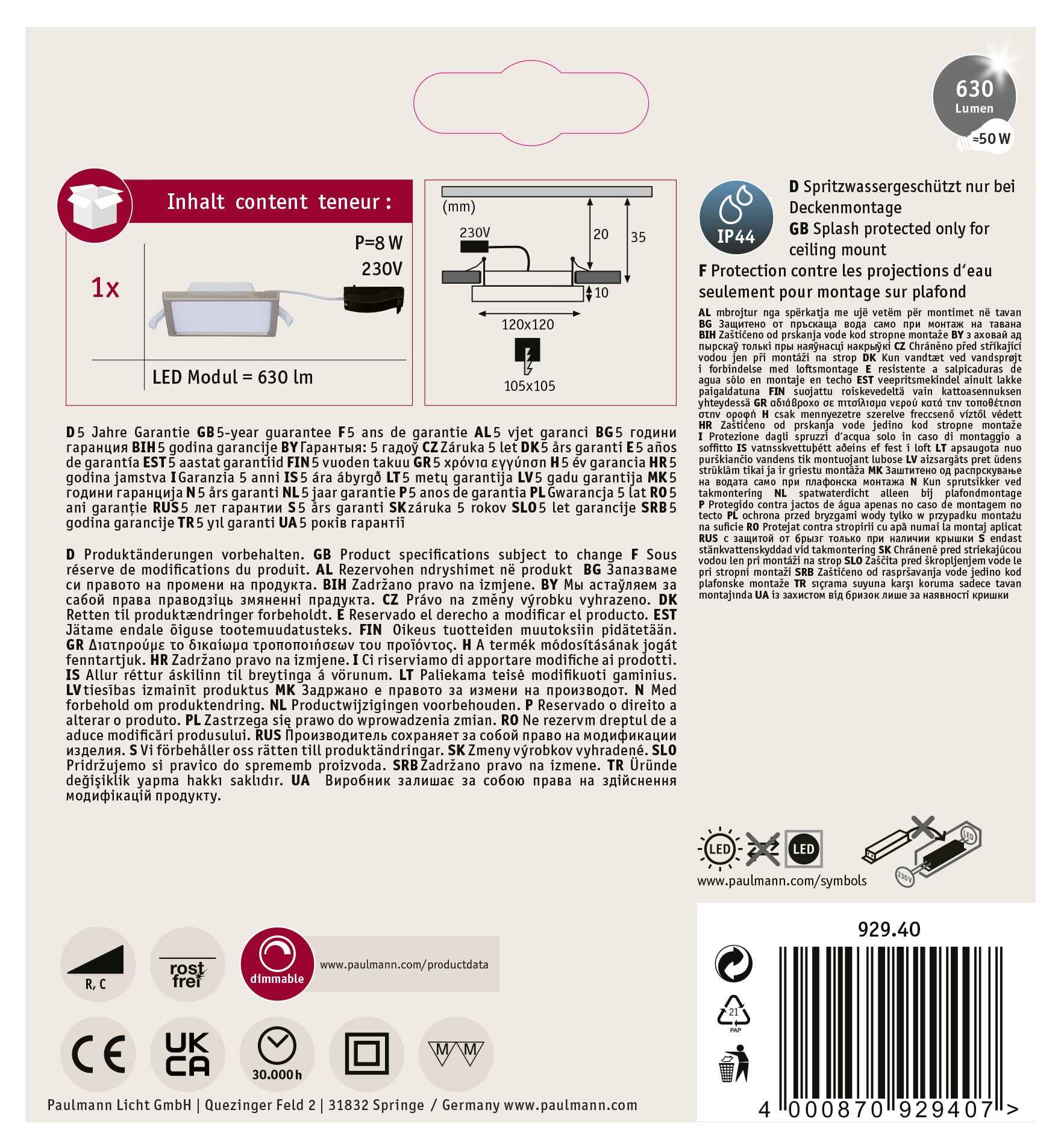 Weiße LED-Deckenleuchte mit Daten, Abmessungen und IP44-Zertifizierung, plus Garantie.
