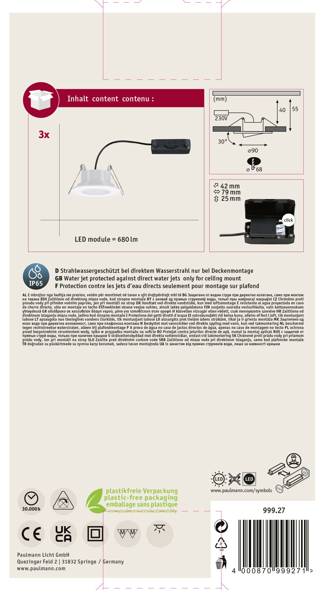 L'image montre un emballage de produit avec un plafonnier, des dessins techniques et des descriptions textuelles.