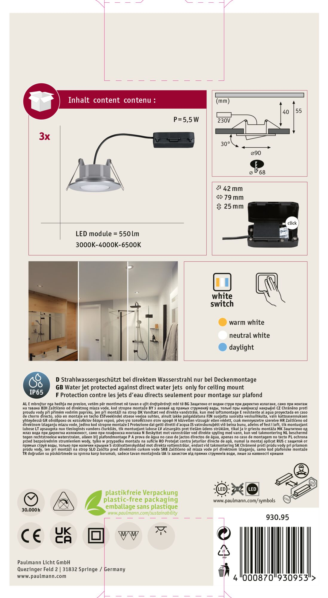 Schemat lampy sufitowej z wymiarami, kolorami przełączników i informacjami o produkcie.