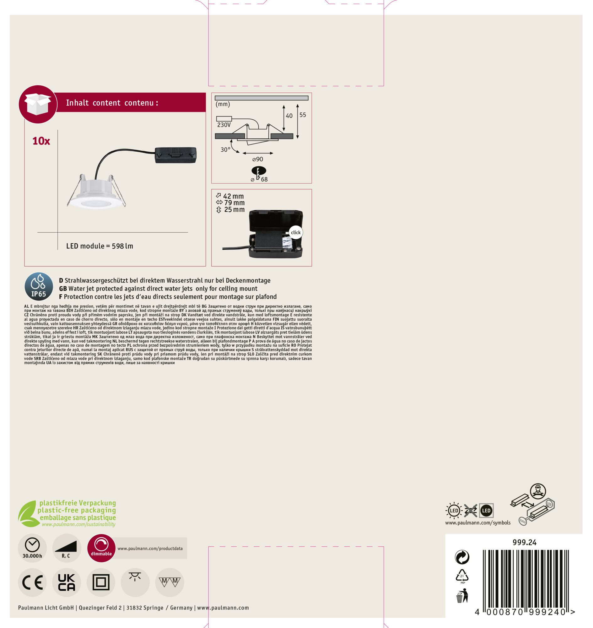 Opakowanie produktu ze schematem oświetlenia sufitowego, specyfikacjami i tekstem w wielu językach.