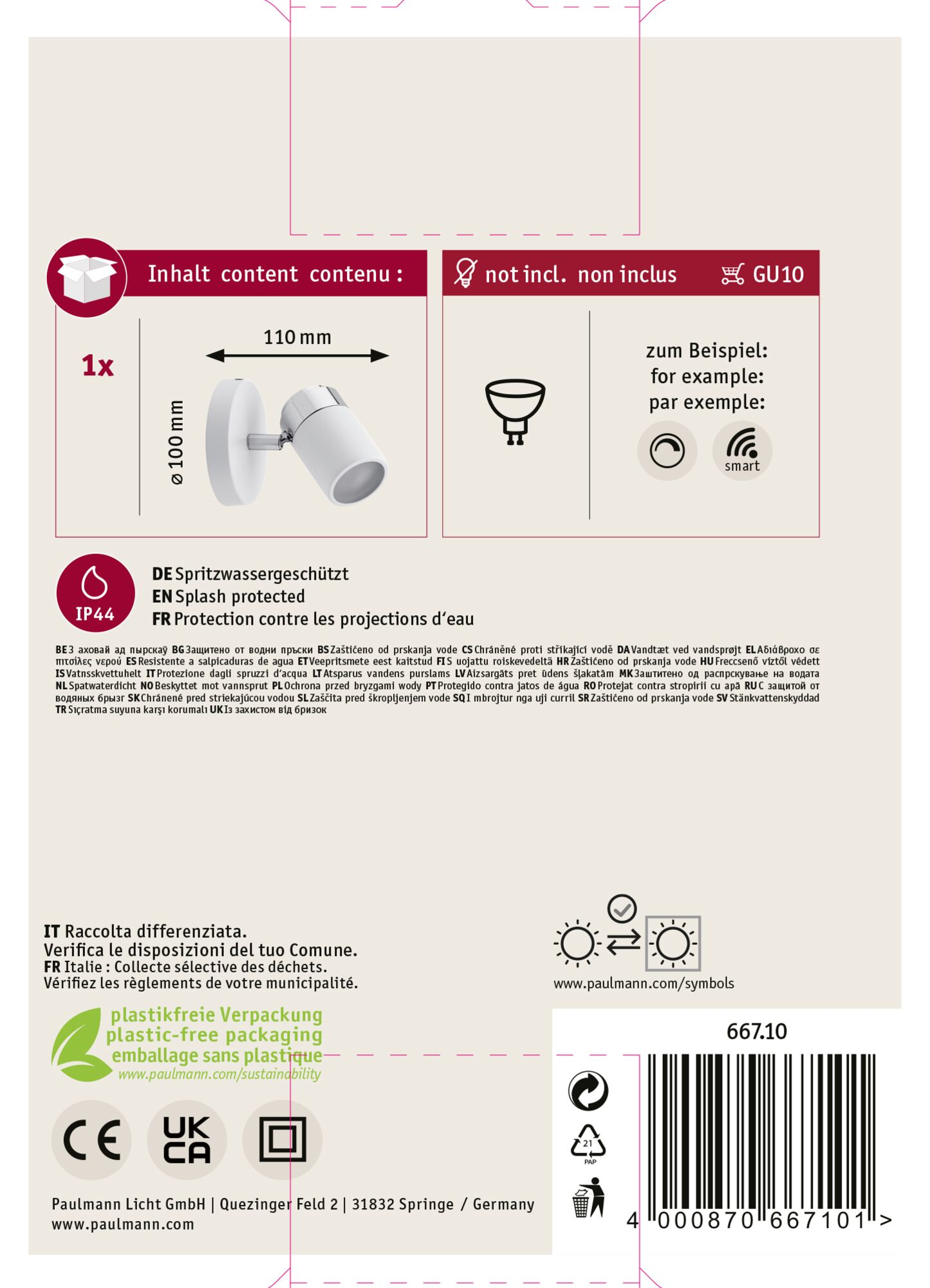 Un faretto bianco con base circolare, un'icona a forma di scatola e testo in più lingue, tra cui tedesco e francese.