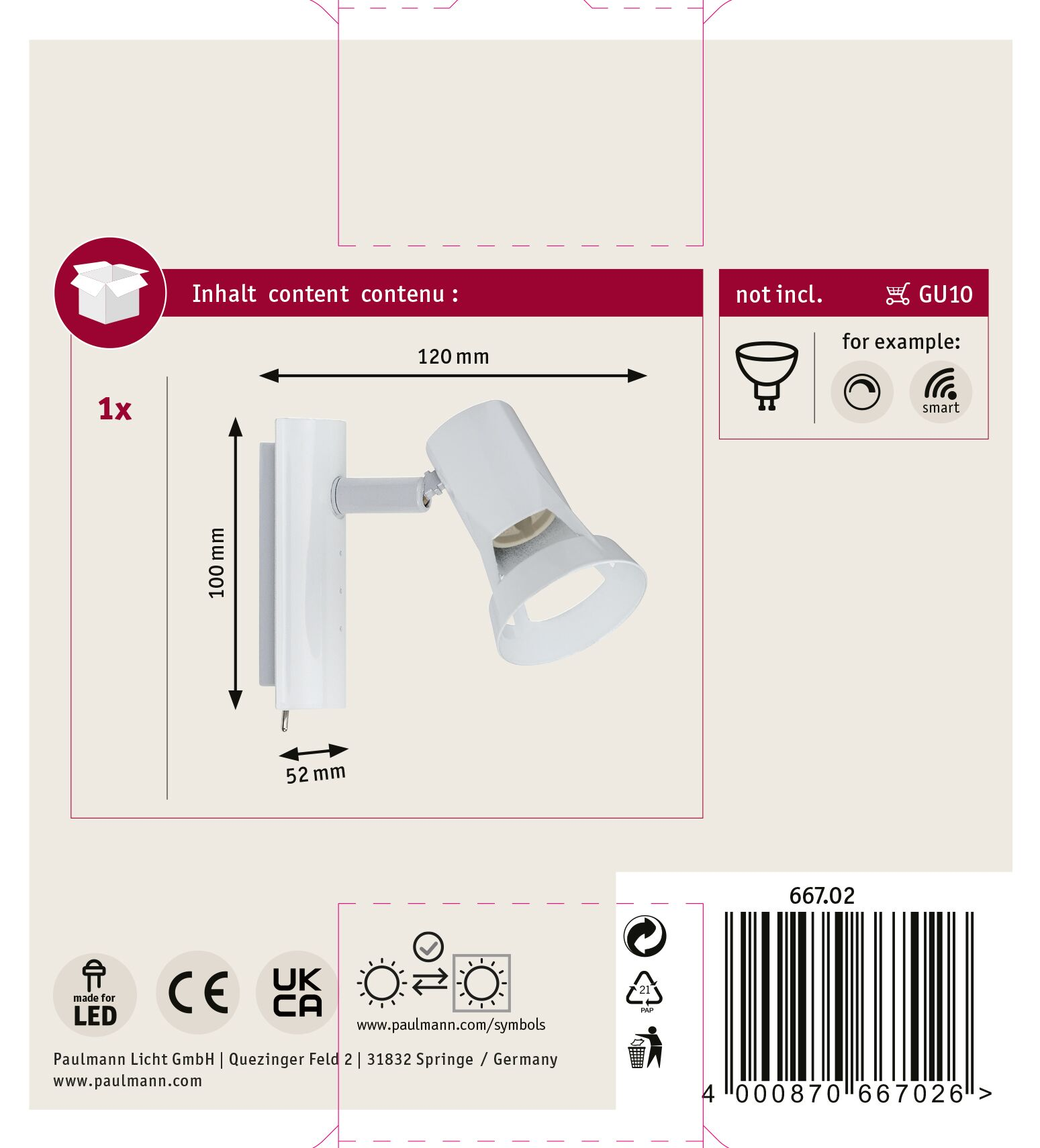Weiße Wandleuchte mit Abmessungen. Enthält ein Box-Symbol und ein GU10-Symbol. Text in Englisch und Deutsch.