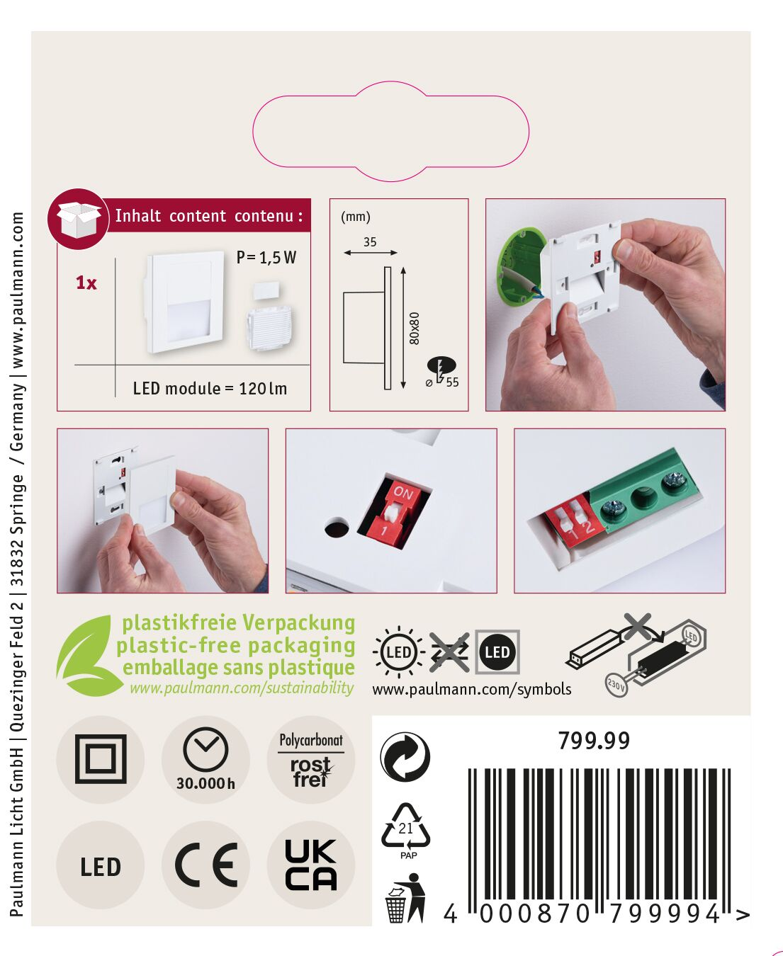 Verpackung mit LED-Modul, Abmessungen und Spezifikationen. Zeigt ein Bild der Installation des Moduls. Enthält Details zur plastikfreien Verpackung.