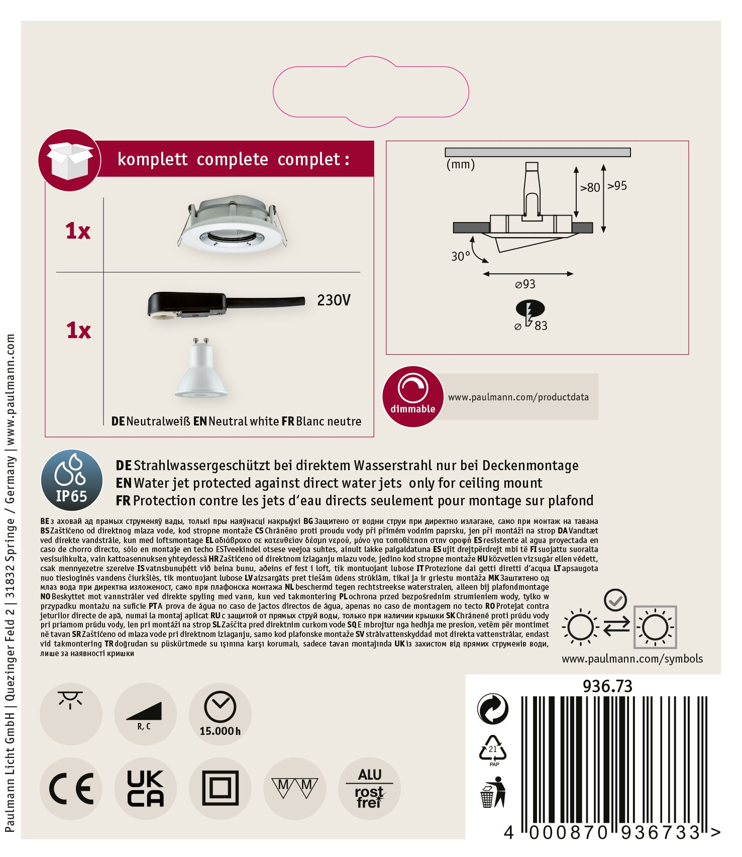 La confezione mostra un apparecchio di illuminazione a soffitto, diagrammi e testo con dettagli.