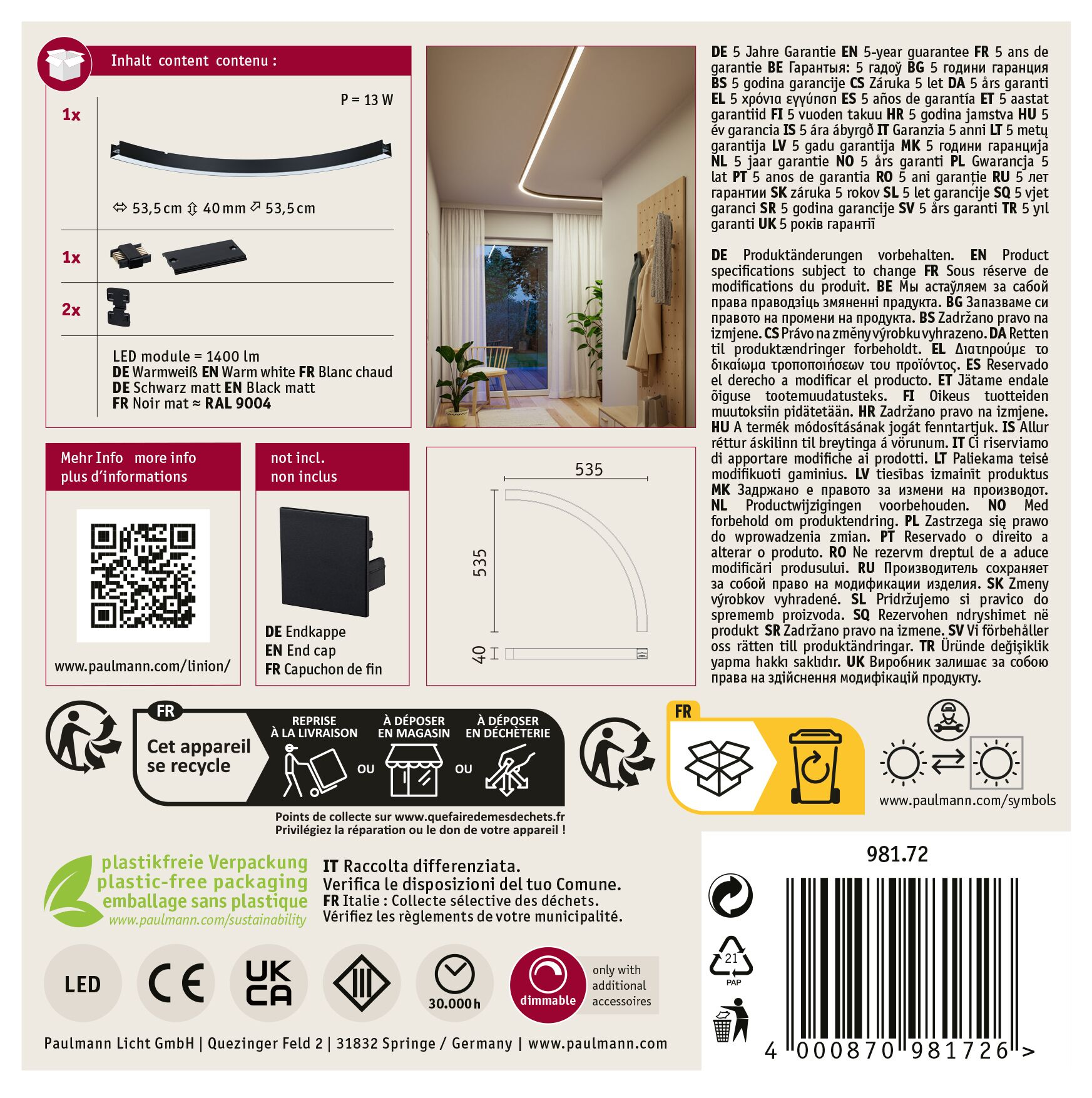 Karta informacyjna produktu z zakrzywioną lampą LED, wymiarami i symbolami recyklingu.