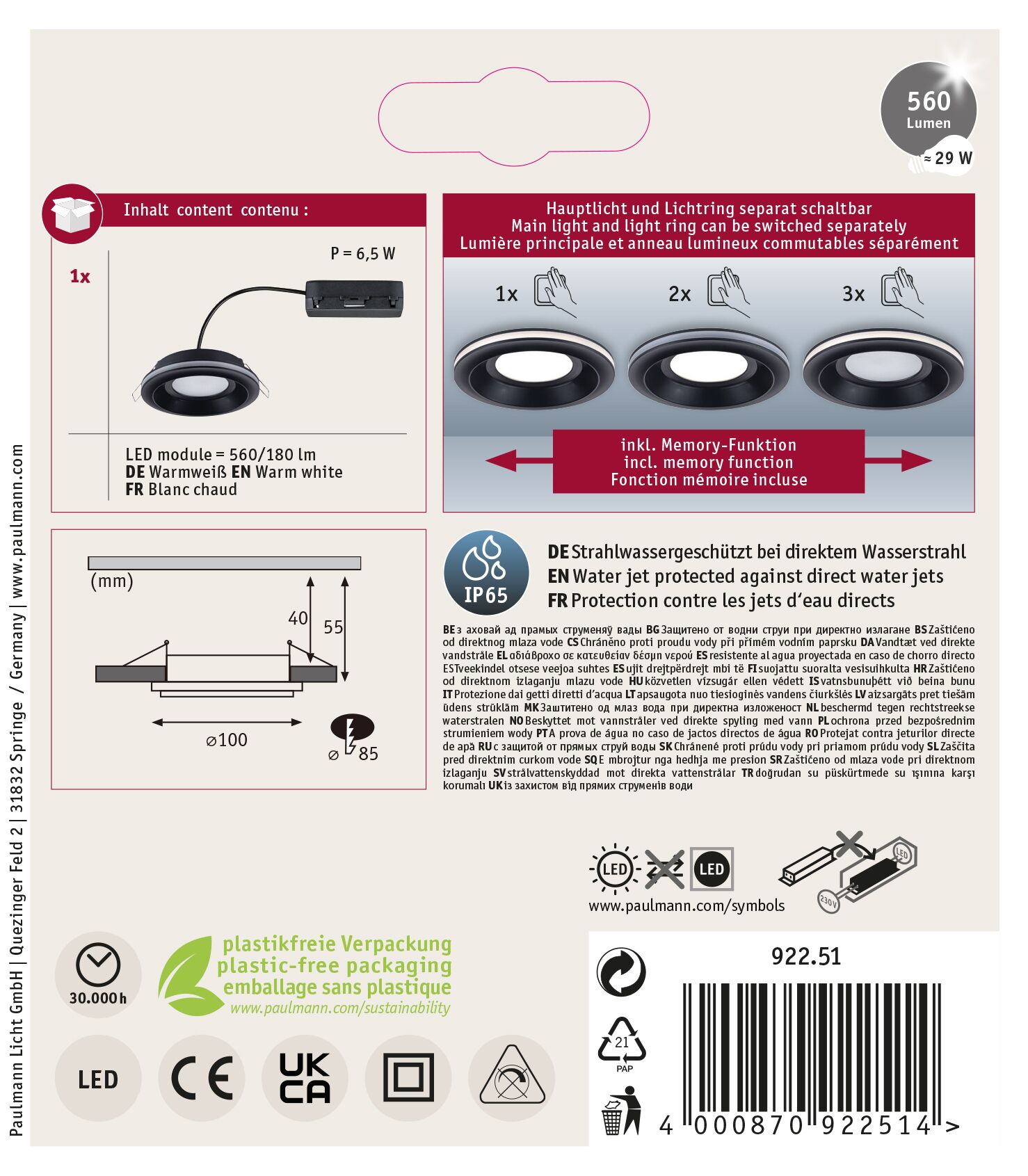 Etykieta produktu ze schematem lampy, tekstem i specyfikacjami technicznymi, w tym IP65.