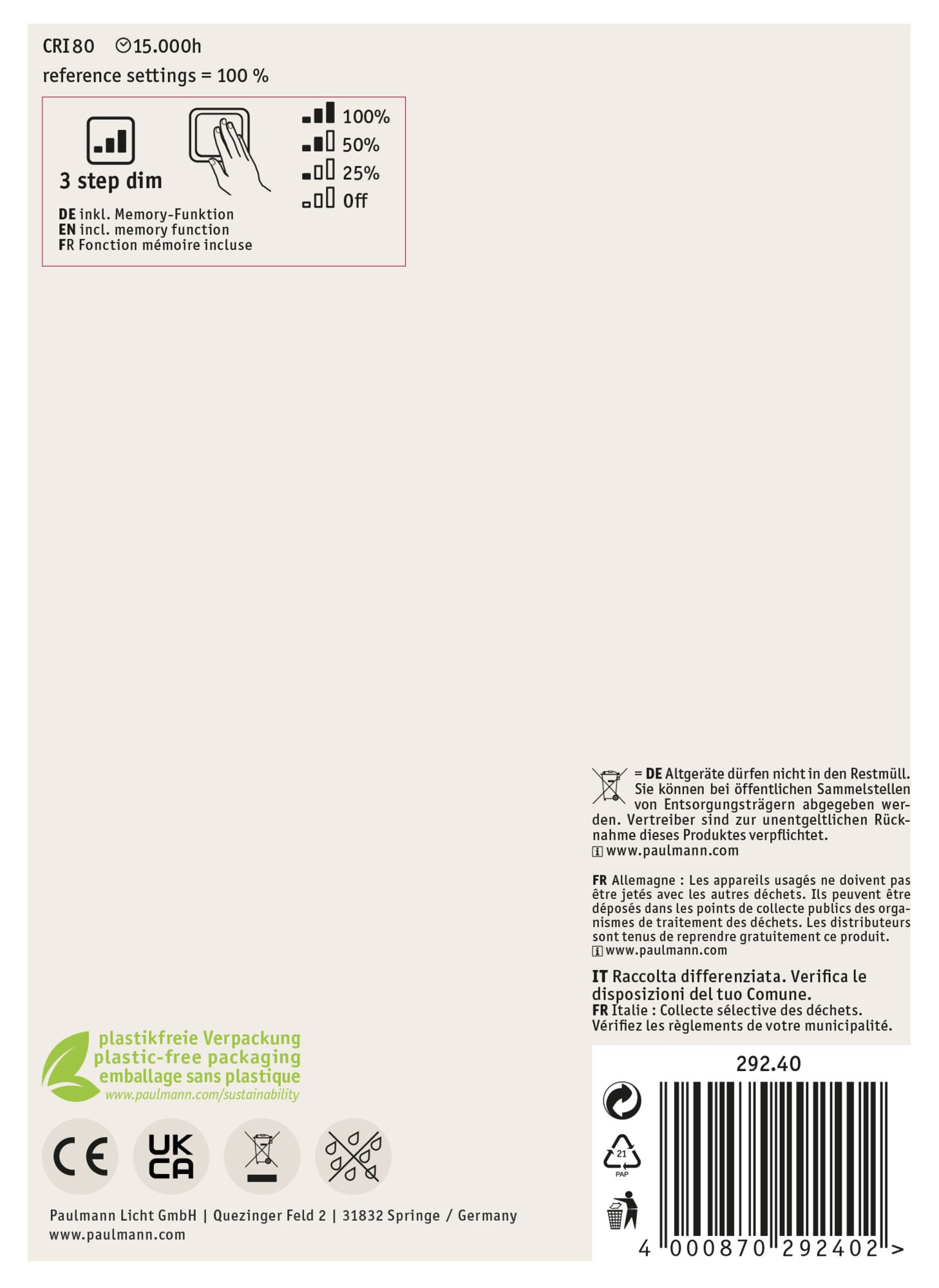 Etykieta produktu z tekstem i ikonami, w tym ustawienia ściemniania, symbole recyklingu i szczegóły produktu.