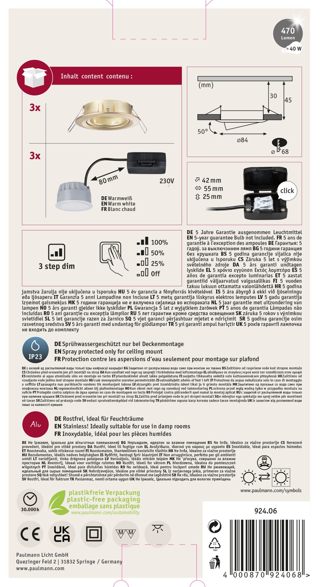 Pudełko produktu z lampami, wymiarami i specyfikacjami, w tym napięciem i mocą świetlną.