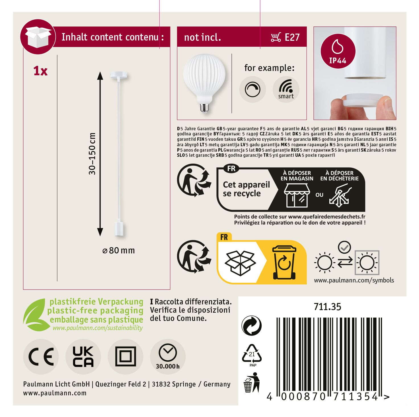 Produktverpackung mit Text und Symbolen. Enthält eine Glühbirne und ein Recyclingsymbol. Verschiedene Garantieangaben sind ebenfalls vorhanden.
