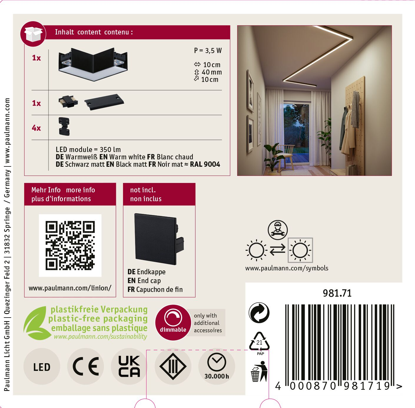 Zawartość produktu: światła LED, złącza i zaślepki. Zawiera pomieszczenie z lampą sufitową.