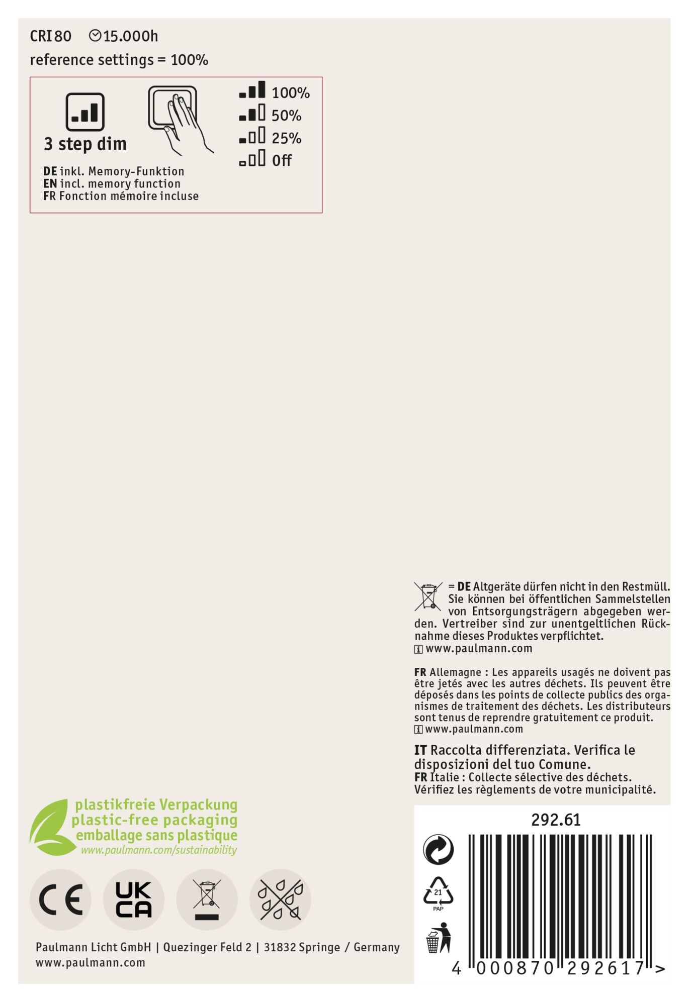 Opakowanie produktu z tekstem i ikonami, w tym ilustracja sterowania ściemniaczem i symbole recyklingu. Informacje w wielu językach.