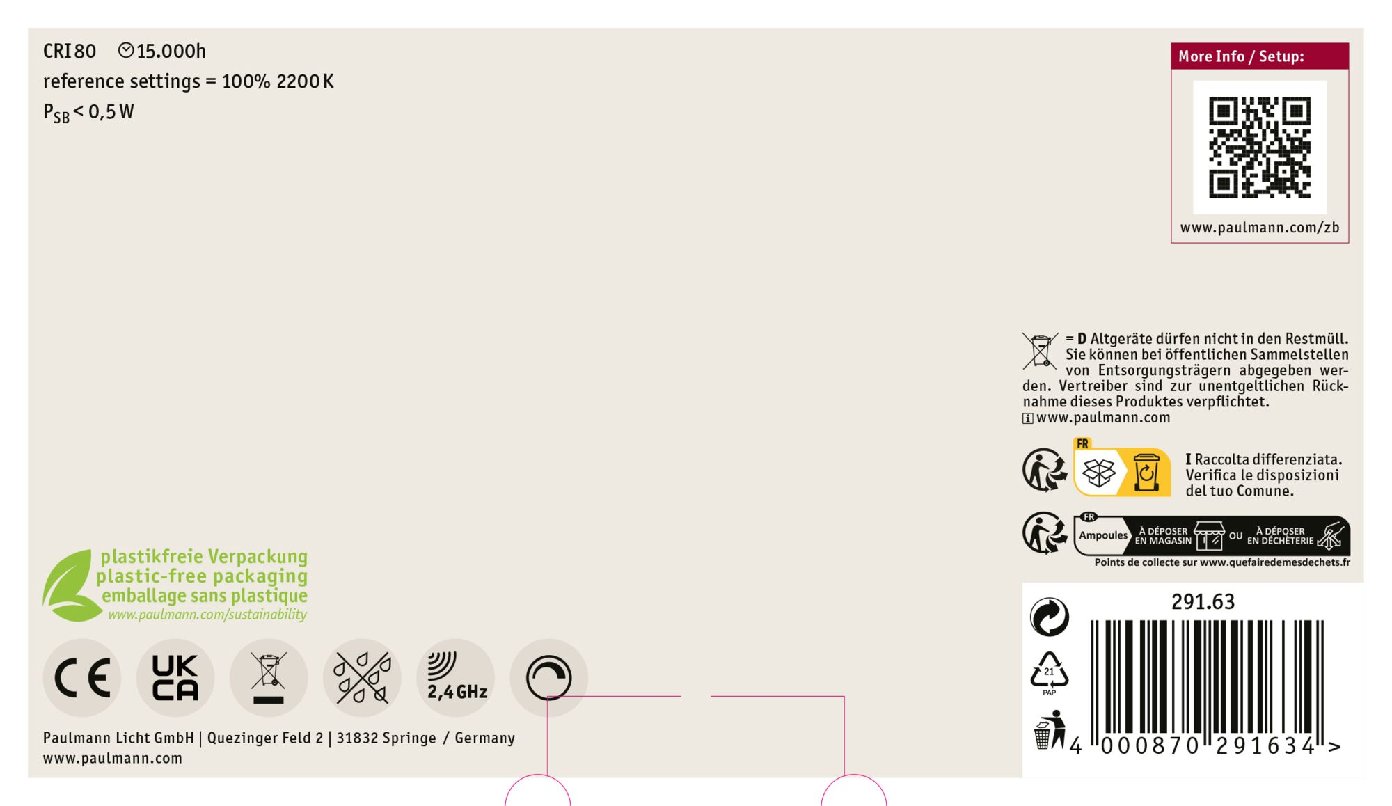 Verpackung mit Text und Symbolen, einschließlich Recyclinganweisungen, Produktspezifikationen und QR-Code.