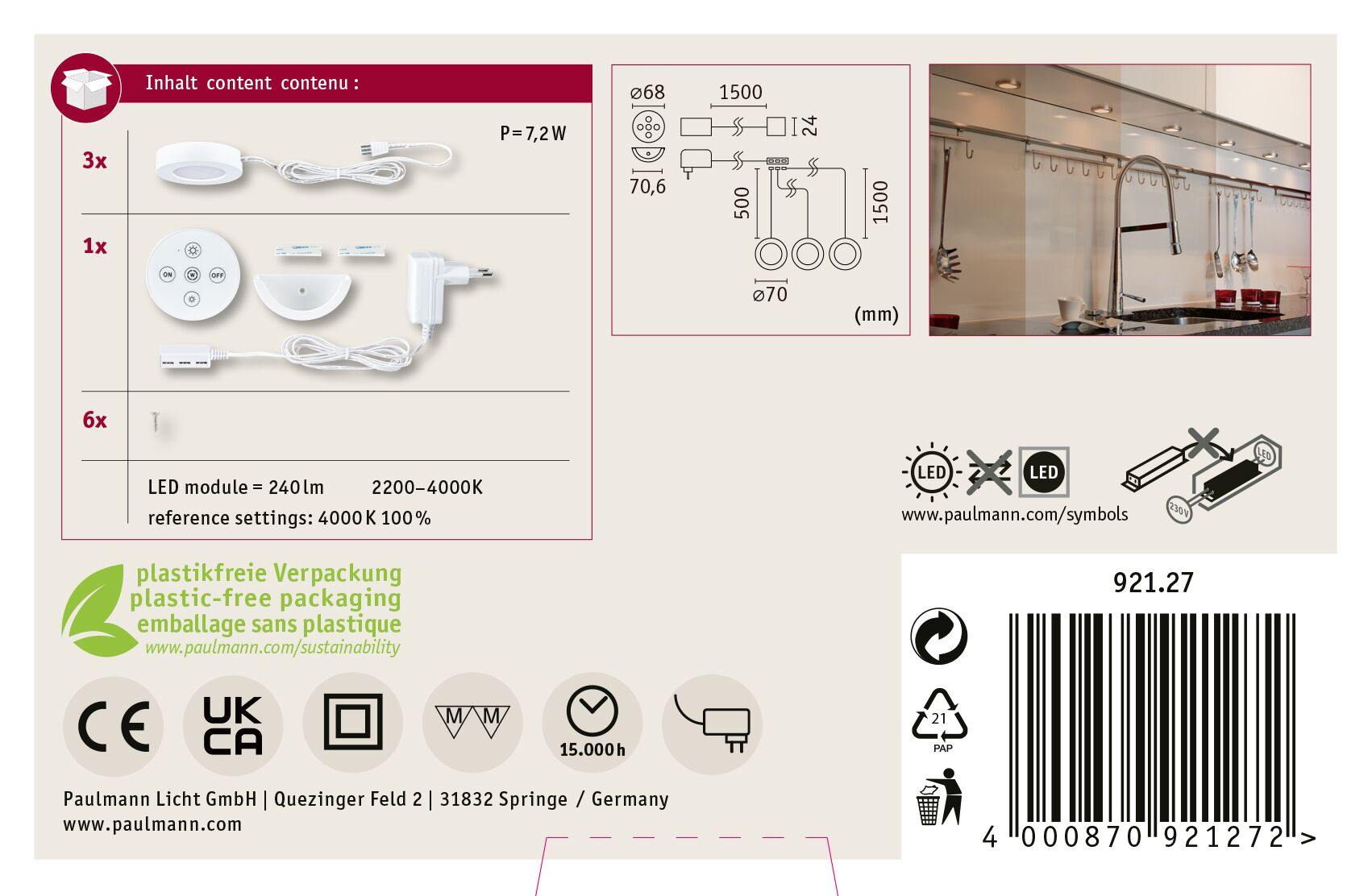 Obraz przedstawia elementy produktu i scenę kuchenną. Zawiera diody LED, pilota i schemat wymiarów. Zawiera tekst i symbole.