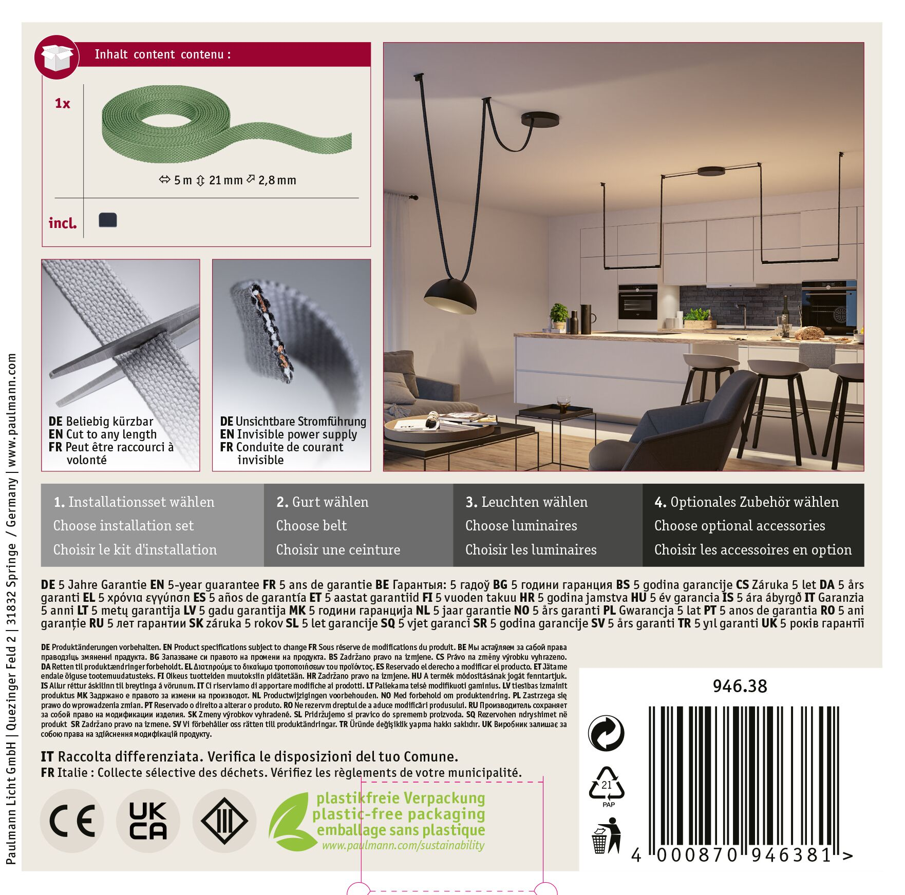 Opakowanie produktu pokazuje zielony pasek, z lampą wiszącą w nowoczesnej kuchni.