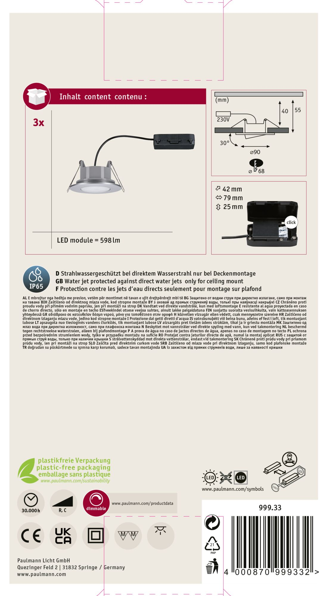 Produktverpackung mit Einbauleuchten, Diagrammen und technischen Details. Enthält Informationen zum Wasserschutz.