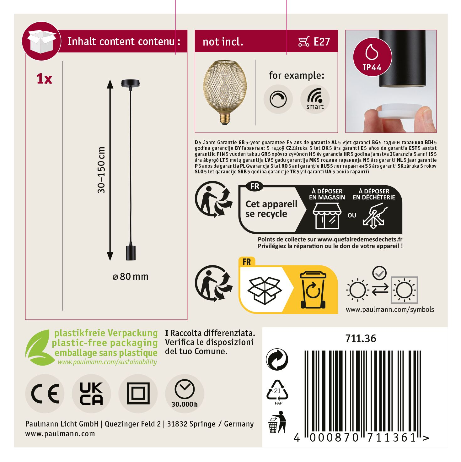 Produktverpackung mit Text und Symbolen, einschließlich einer Lampe und Recycling-Informationen. Weißer Hintergrund.