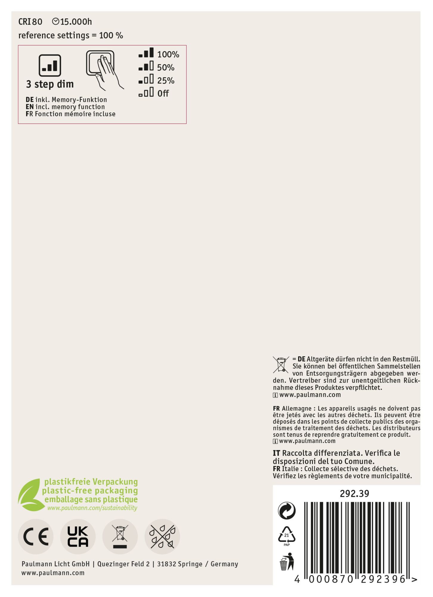 Biała etykieta produktu z tekstem. Pokazuje ustawienia ściemniania, symbole recyklingu i informacje o produkcie.