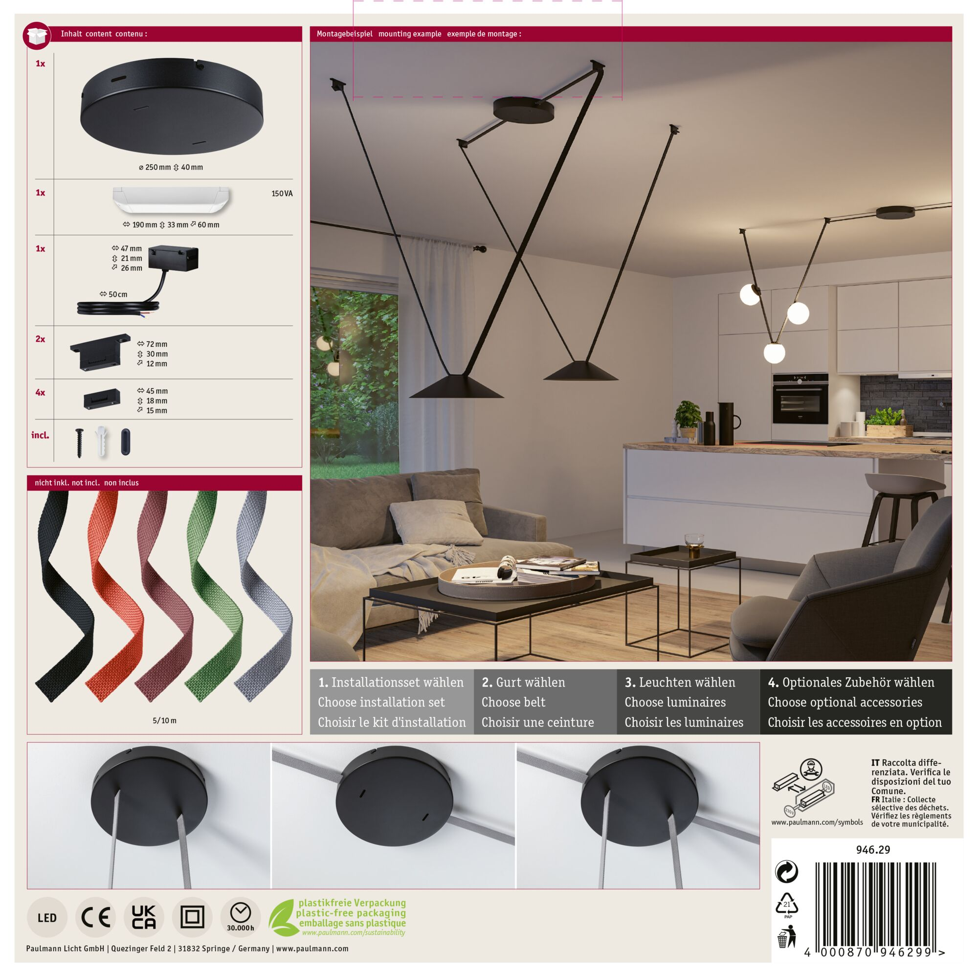 Nowoczesne wnętrze z czarną lampą, sofą i kuchnią. Są też próbki kolorów i informacje o produkcie.