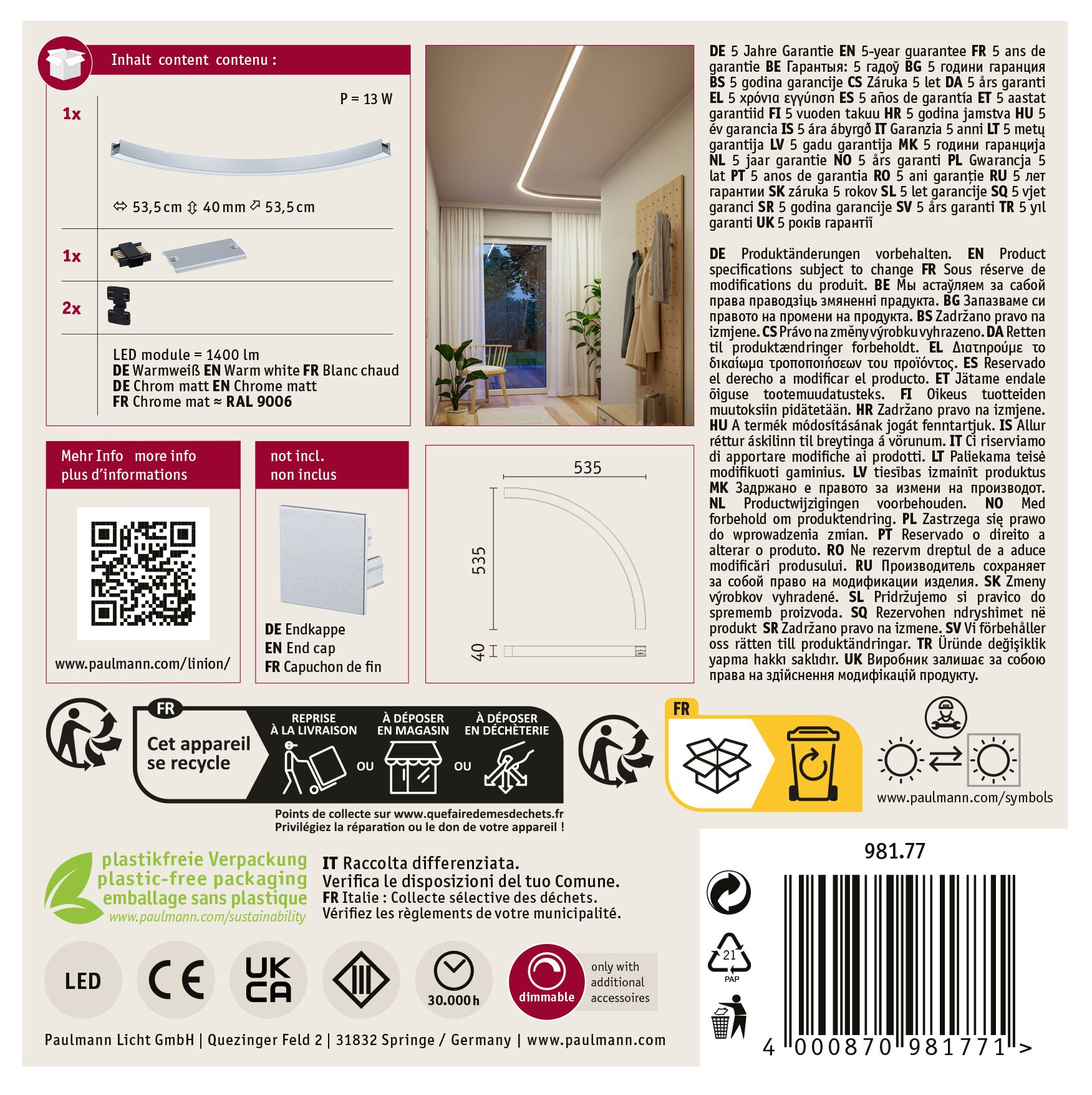 Das Bild zeigt Produktinformationen, darunter eine gebogene Leuchte und Recycling-Symbole.