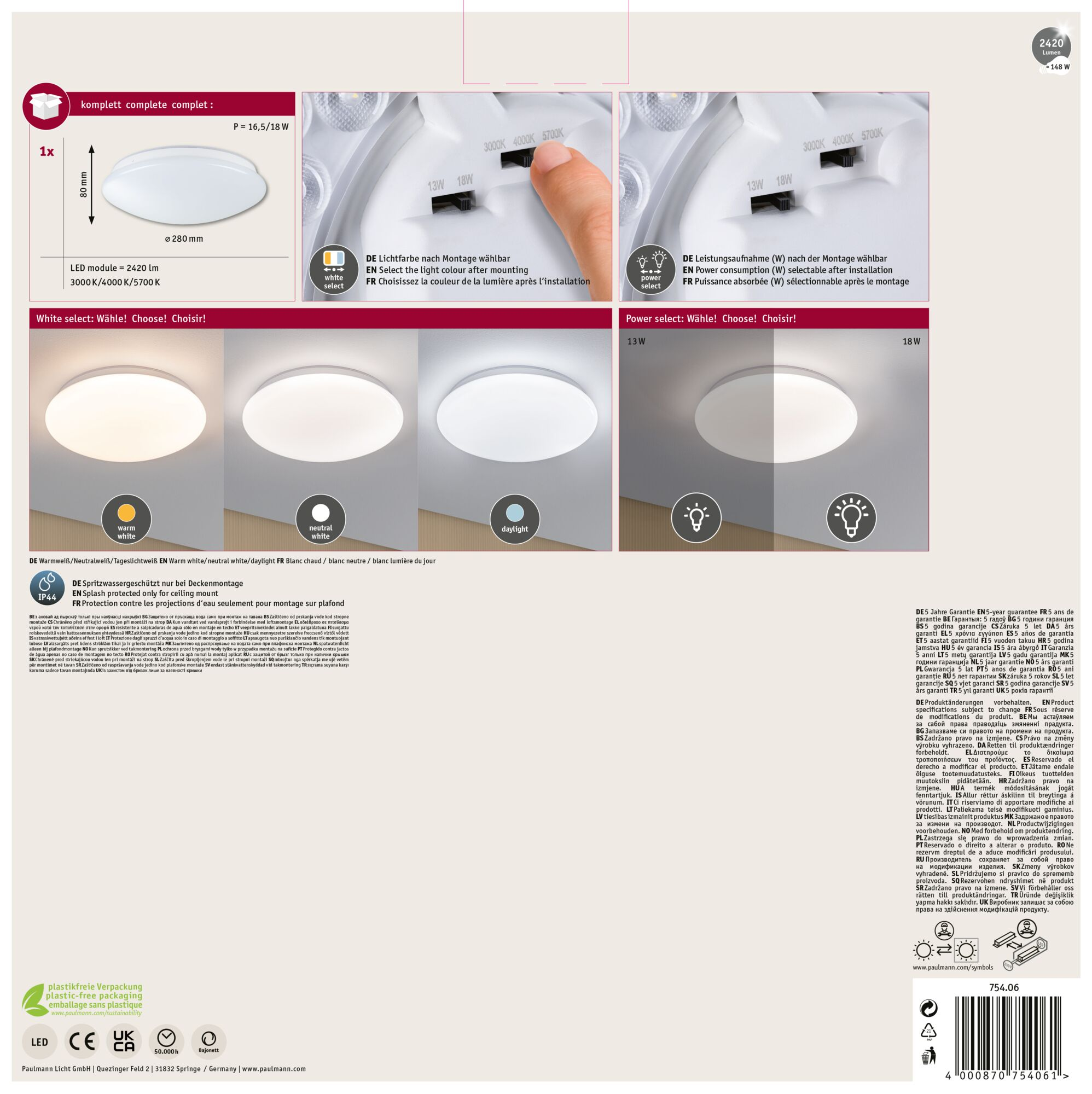 Obraz przedstawia białą lampę sufitową z etykietami, diagramami i tekstem.