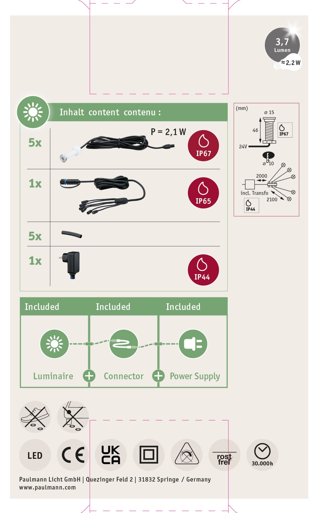 Schemat pokazujący elementy oświetleniowe, w tym oprawy, złącza i zasilacz, ze specyfikacjami technicznymi.