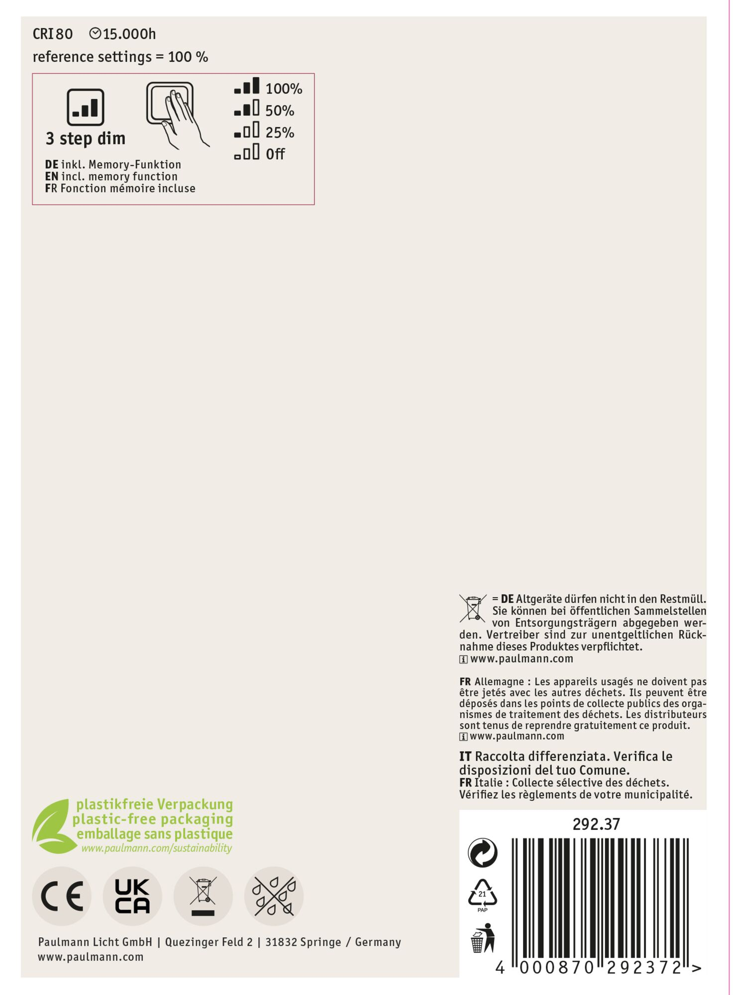 Białe opakowanie produktu z tekstem i ikonami. Zawiera ustawienia ściemniania, informacje o recyklingu i kod kreskowy.