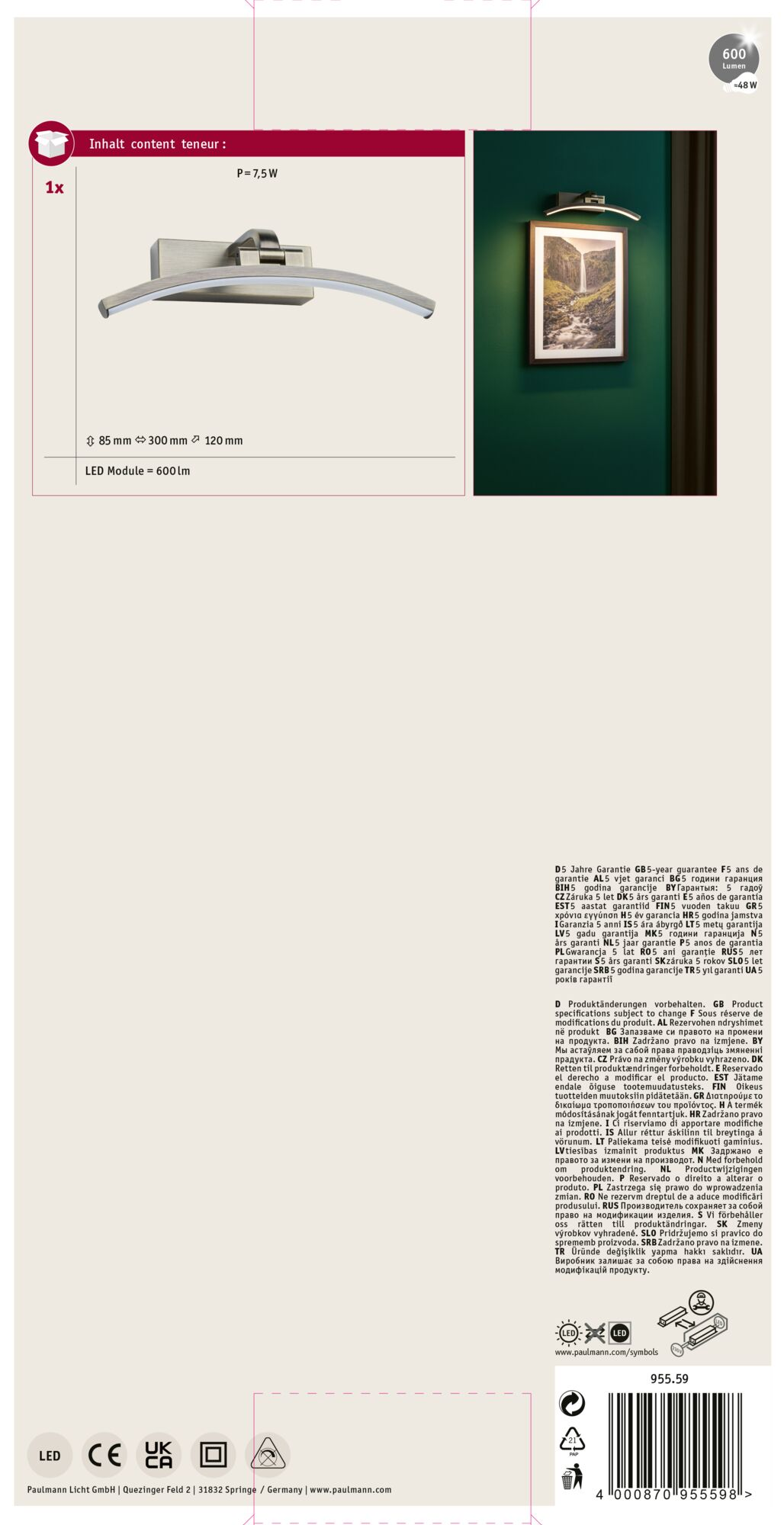 Nowoczesna lampa LED z wymiarami i szczegółami technicznymi. Obraz wodospadu na ścianie.