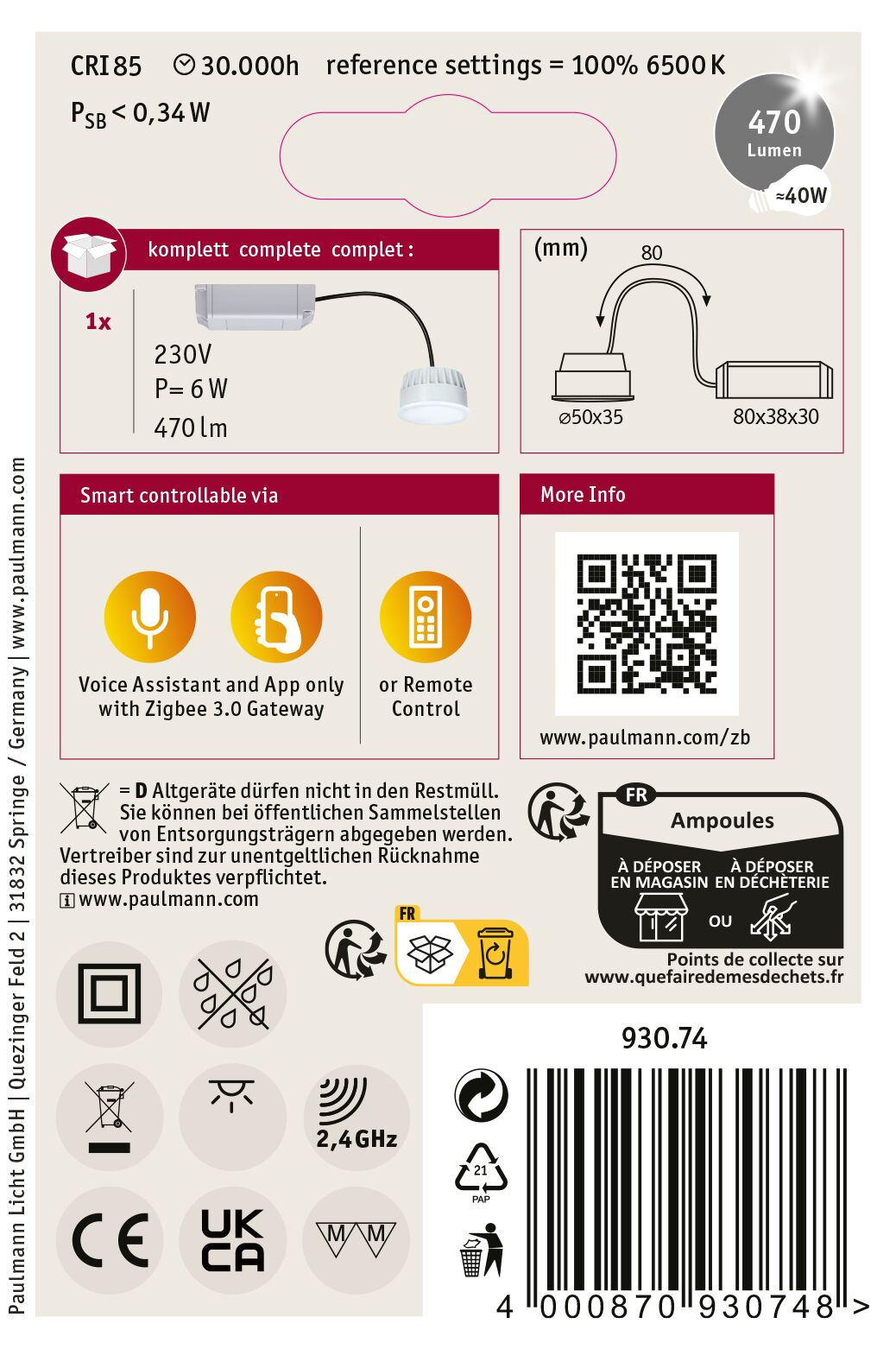 Un'etichetta del prodotto con testo e diagrammi. Include le specifiche di un apparecchio di illuminazione, come tensione, potenza e lumen.