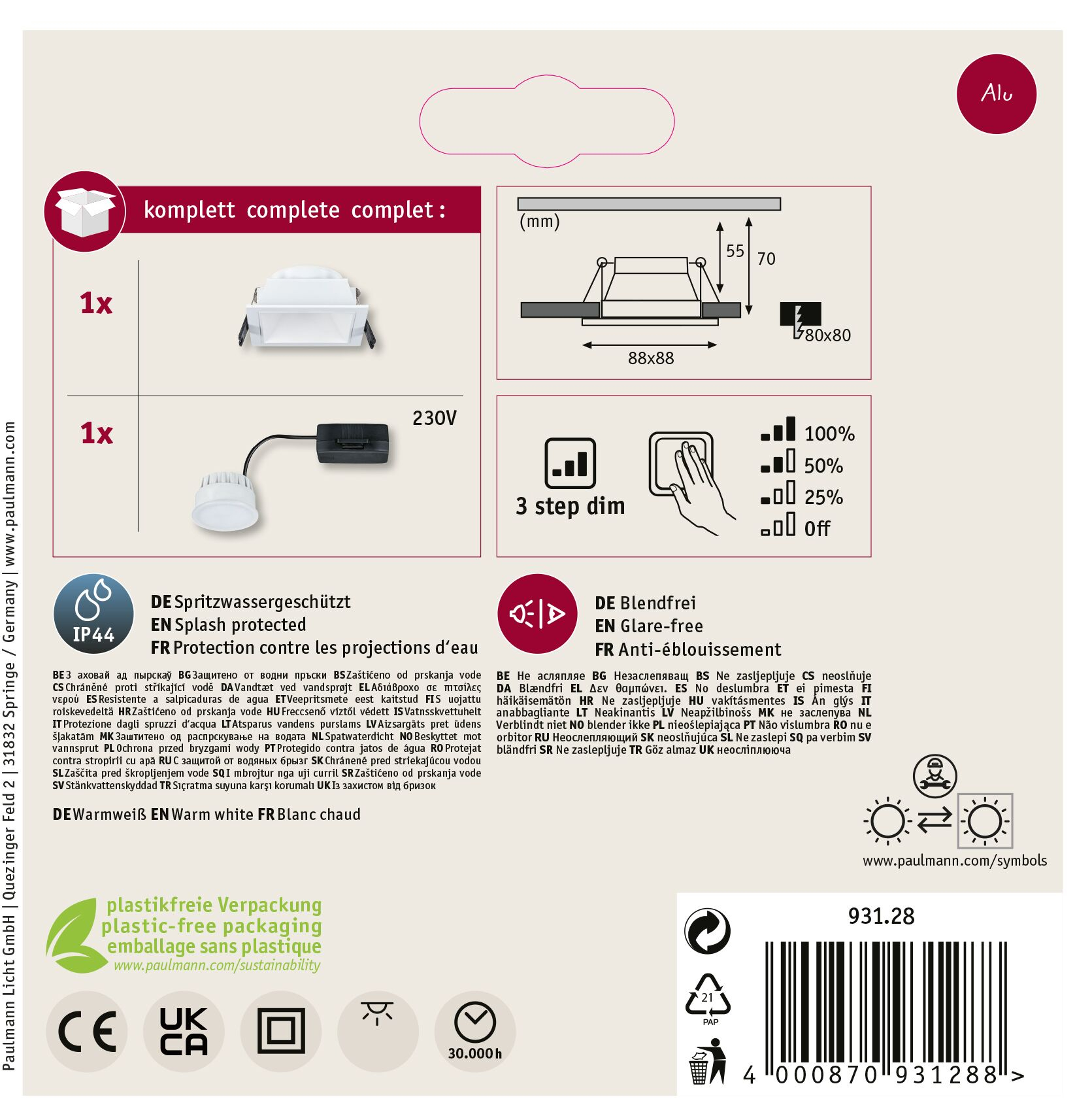 Pudełko produktu ze światłem, wymiarami i opcjami ściemniania. Zawiera tekst w wielu językach.
