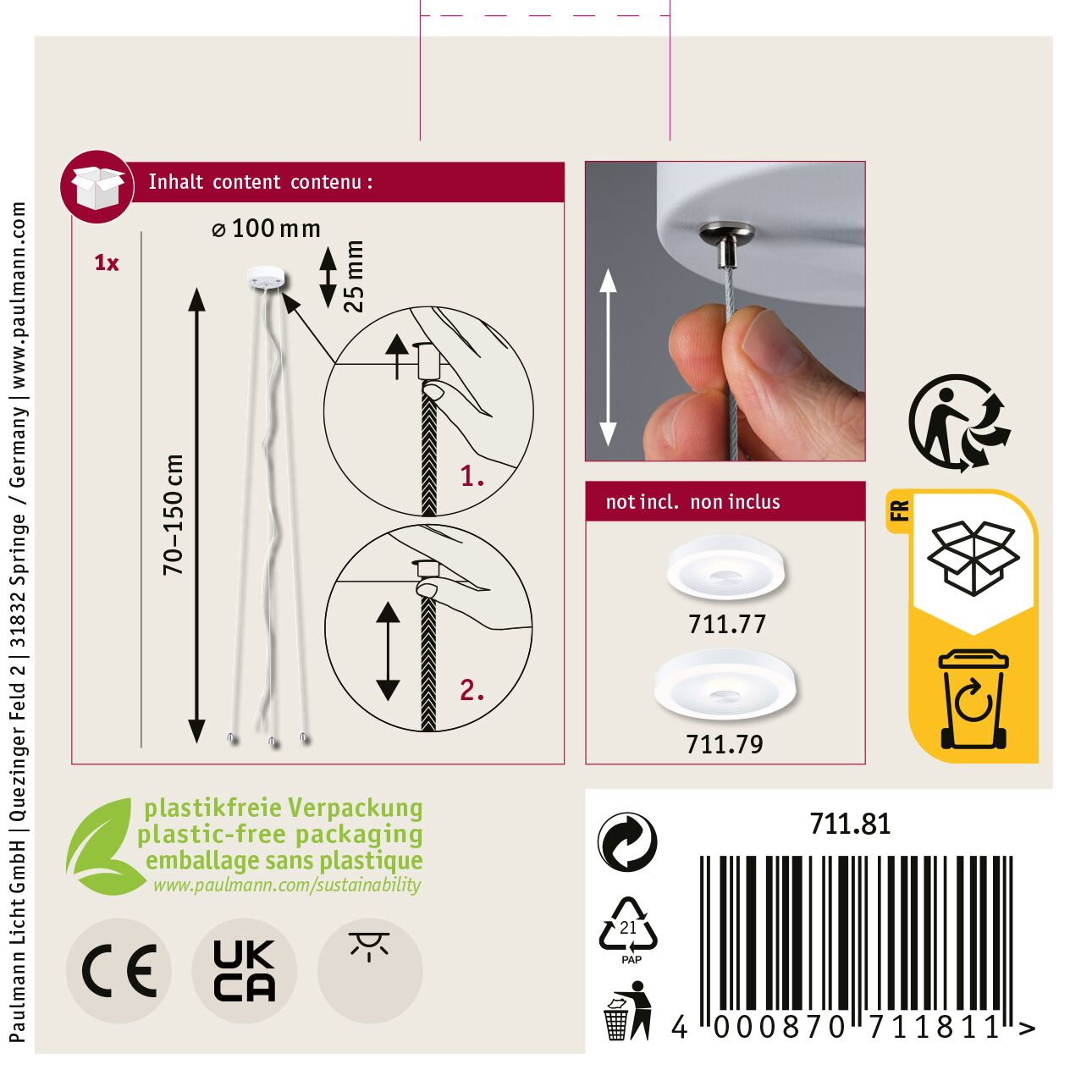 Diagramm mit Montageanleitungen. Enthält Maße, Produktcodes und Recyclingsymbole. Enthält auch Details zum Packungsinhalt.