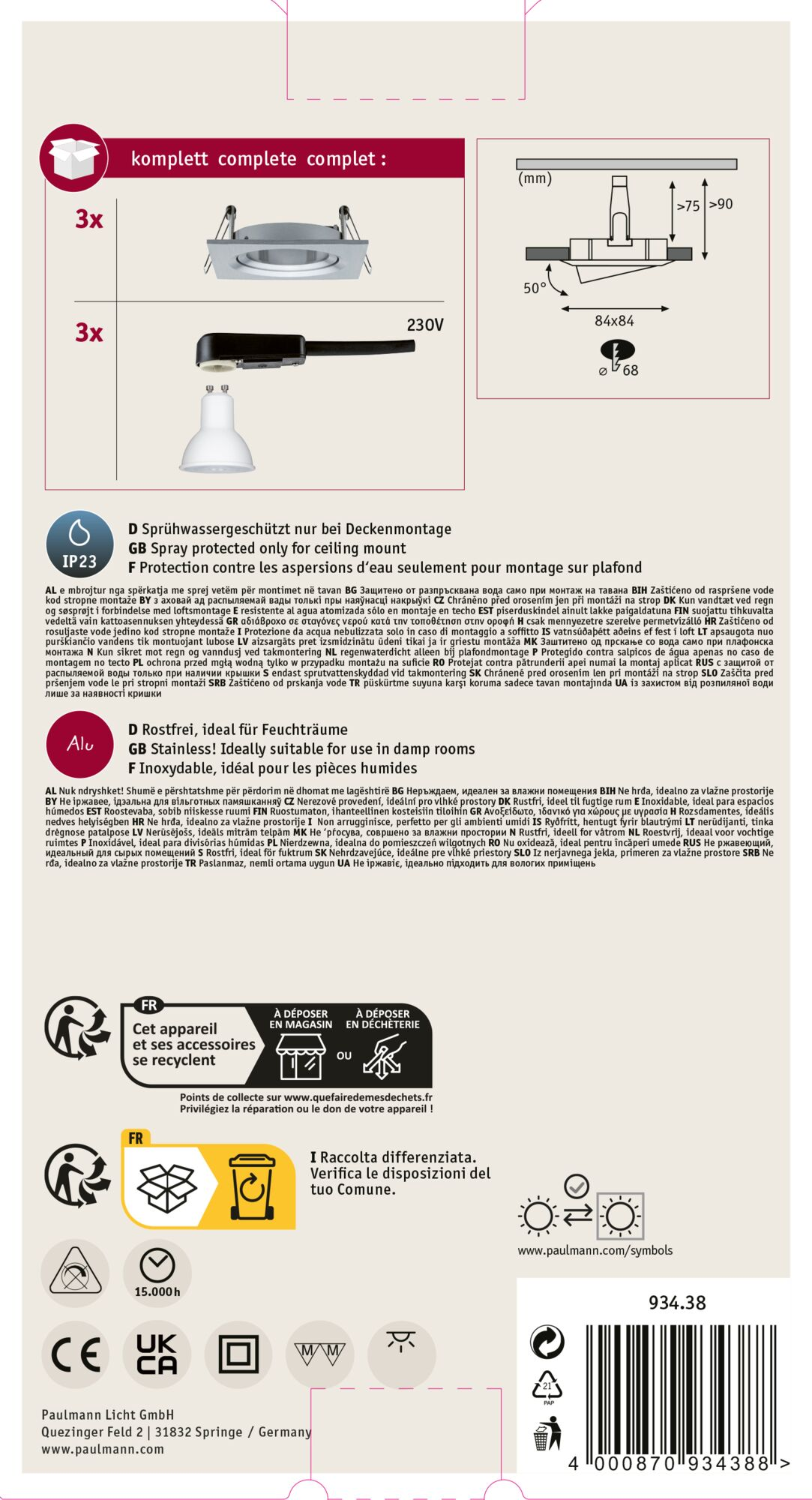 Produktetikett mit Leuchten, Spezifikationen und Recycling-Symbolen. Enthält Text in mehreren Sprachen.
