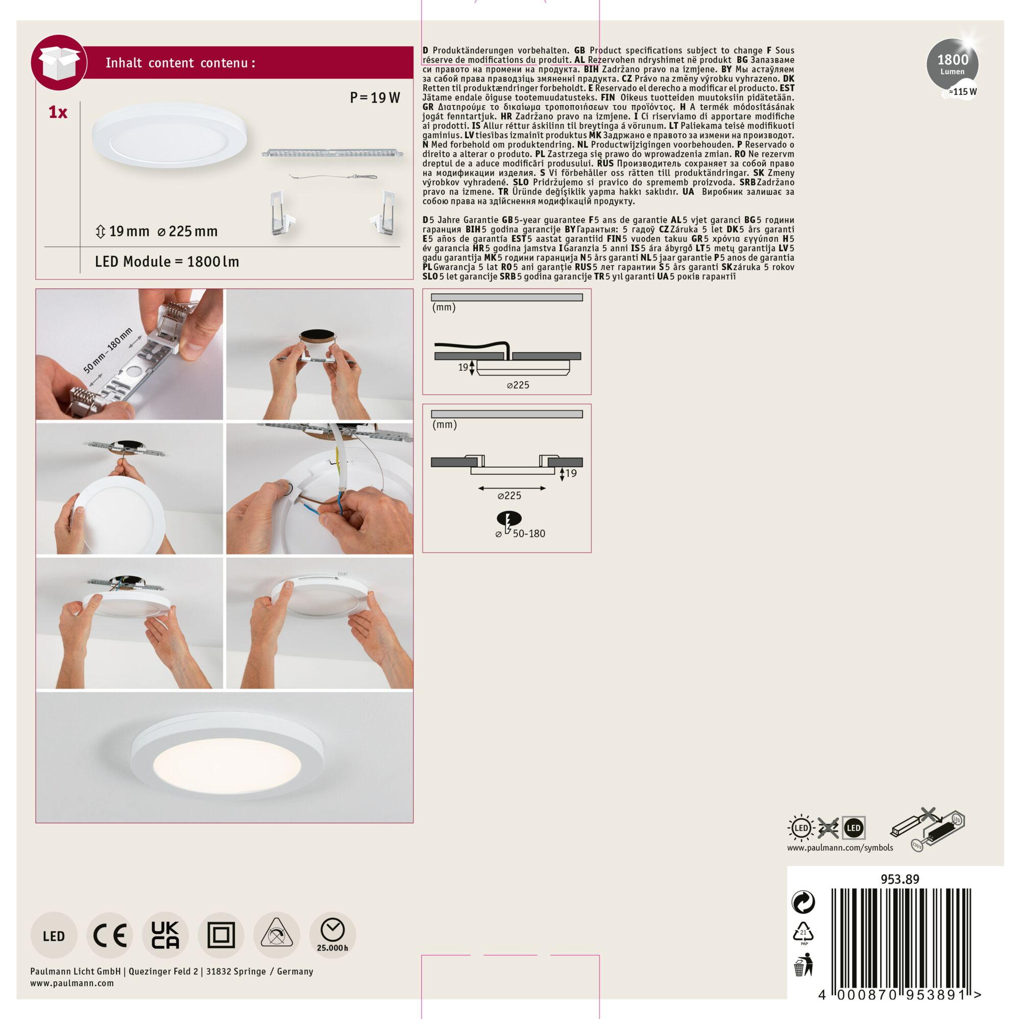 Biała okrągła lampa sufitowa LED, z instrukcją montażu i specyfikacją produktu.