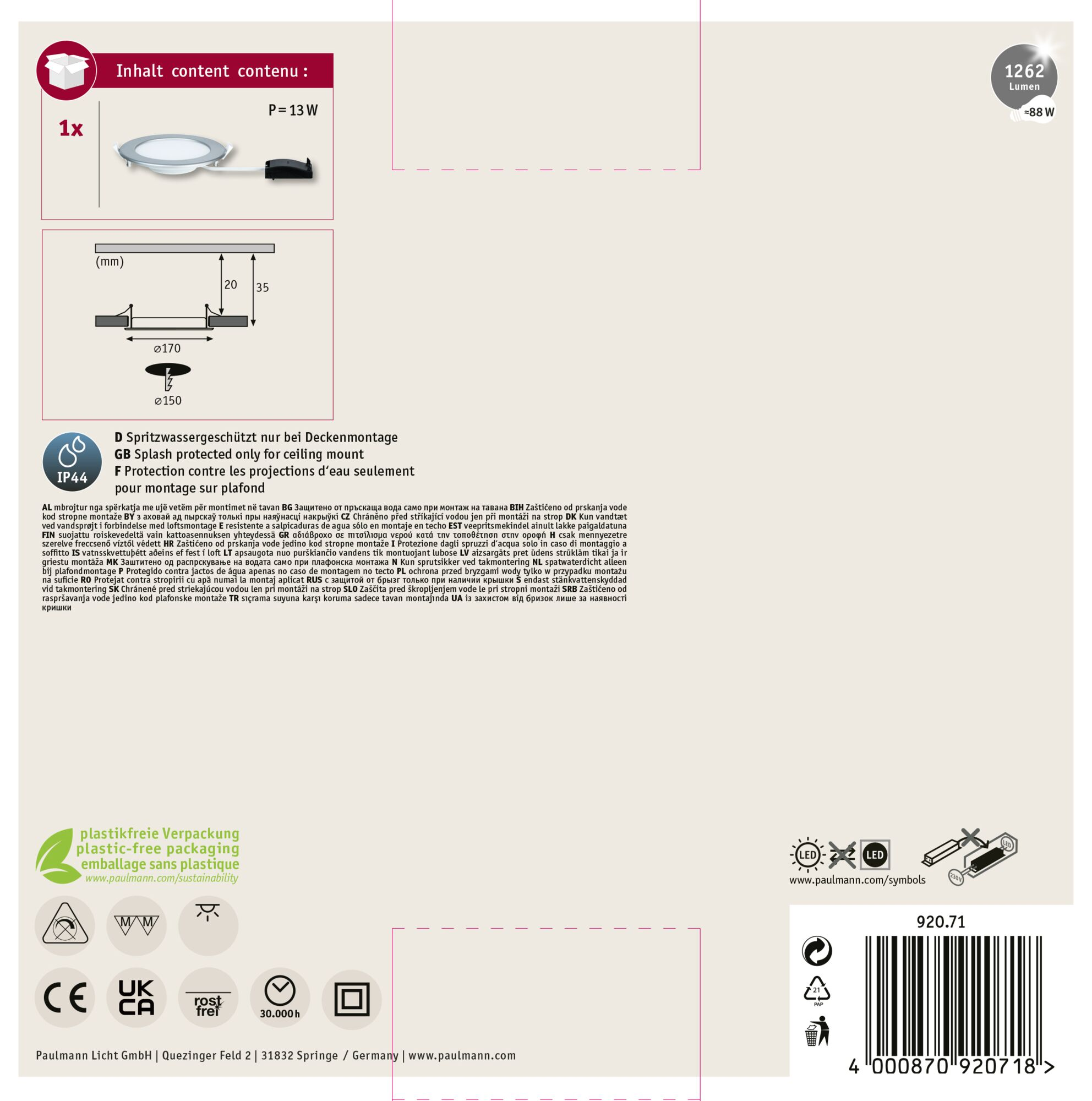 Das Bild zeigt eine Deckenleuchte, technische Zeichnungen und Verpackungsinformationen mit Logos und Text.