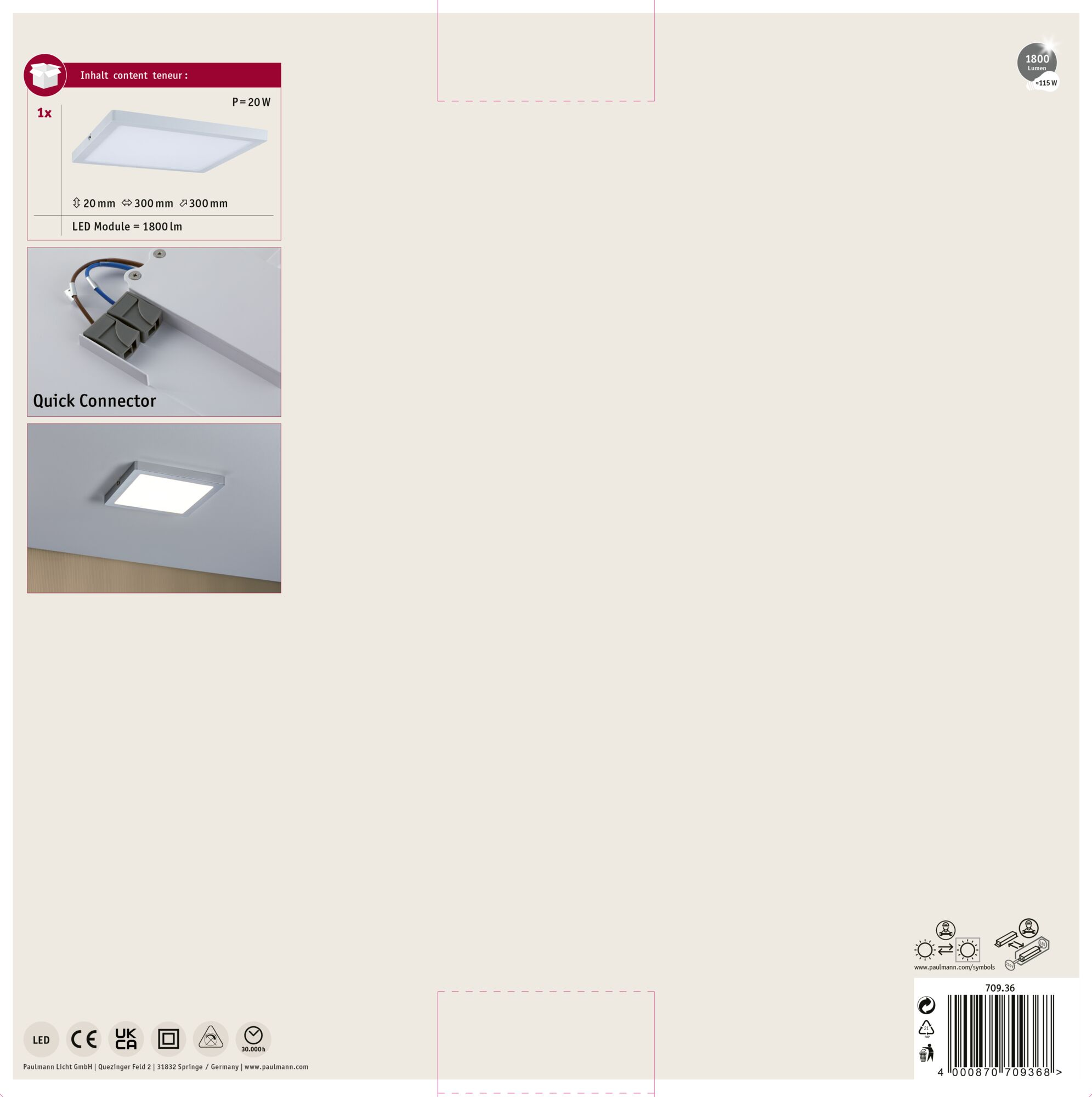 Una lampada da soffitto LED quadrata bianca con dimensioni, specifiche di alimentazione, connettore rapido e dettagli.