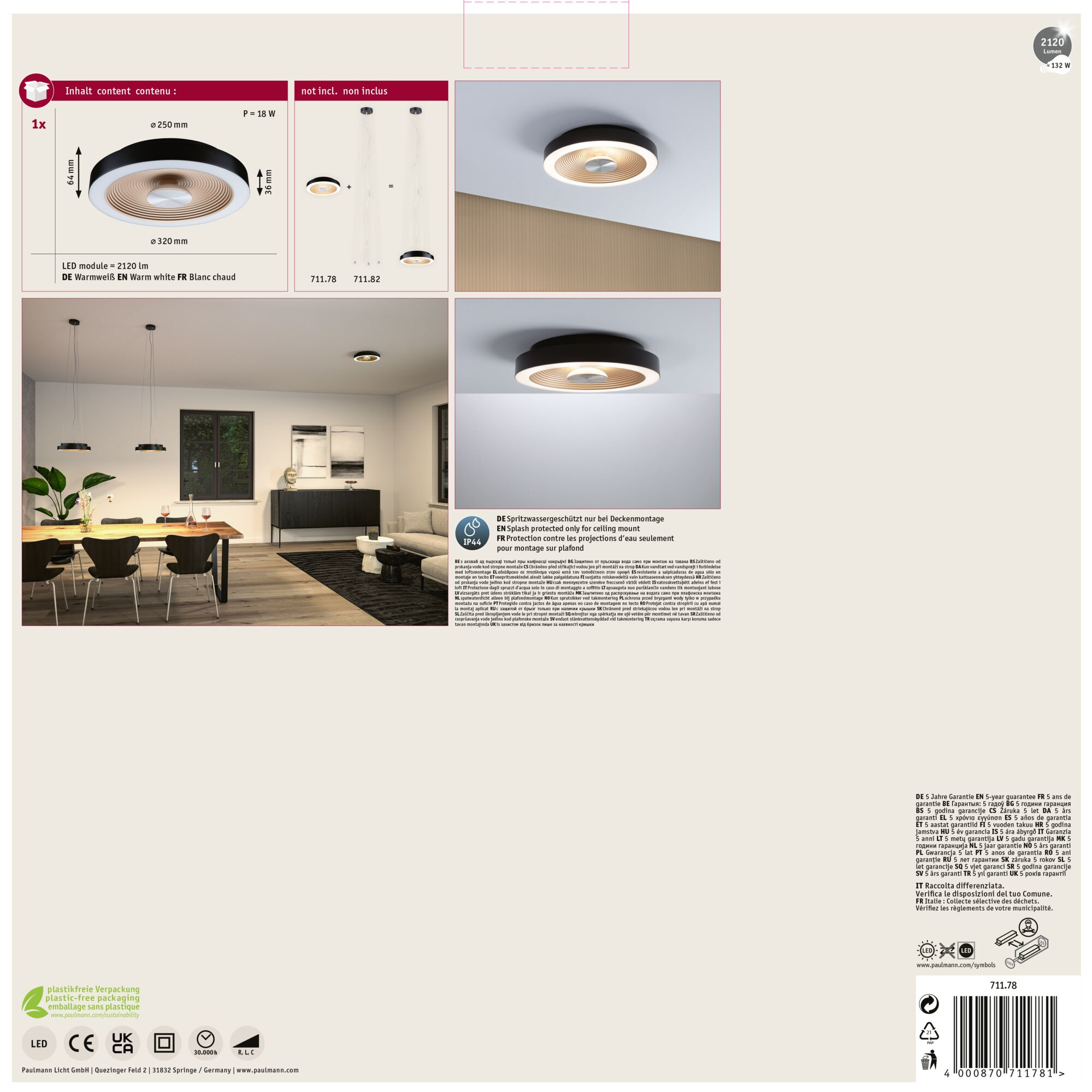 Lampa sufitowa z czarnym i drewnianym wykończeniem, wymiary, kod produktu i szczegóły techniczne.