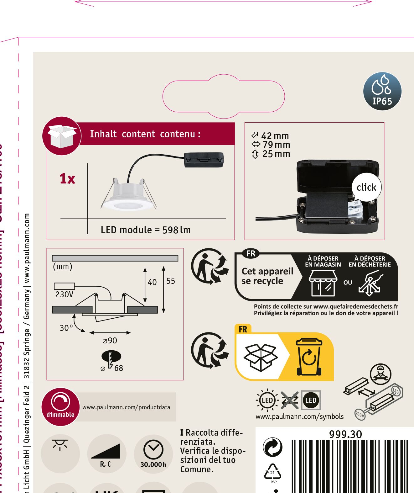 Opakowanie produktu z modułem LED i wymiarami. Zawiera symbole recyklingu i specyfikacje techniczne. Posiada opcję ściemniania.