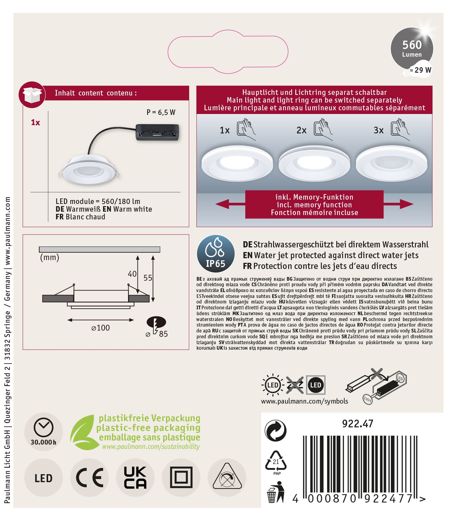 Biała lampa sufitowa LED z czarnym przewodem i zasilaczem. Pokazuje szczegóły i specyfikacje produktu.