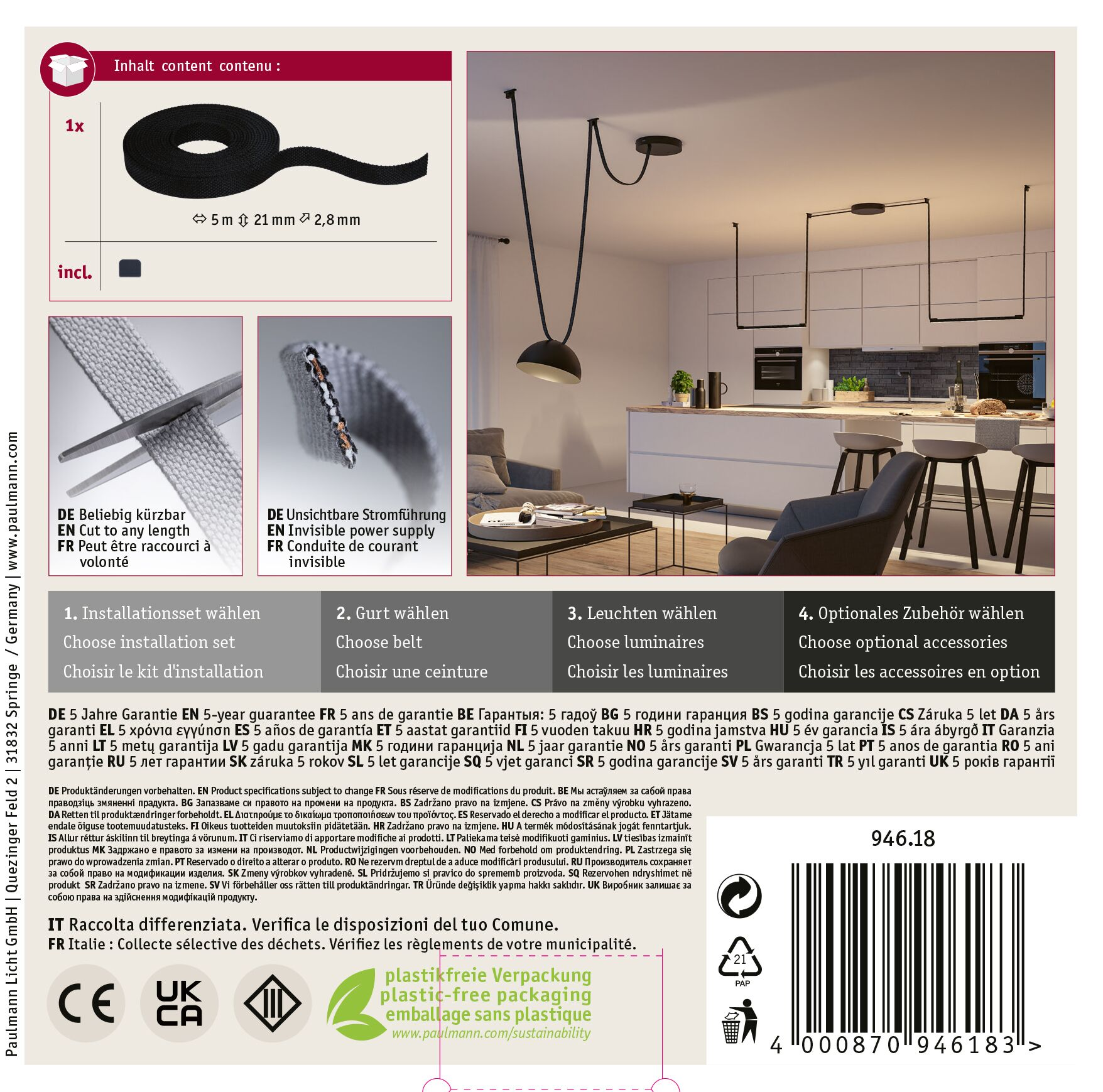 Das Bild zeigt eine Produktverpackung mit einem schwarzen Kabel und Anweisungen mit Garantieinformationen.