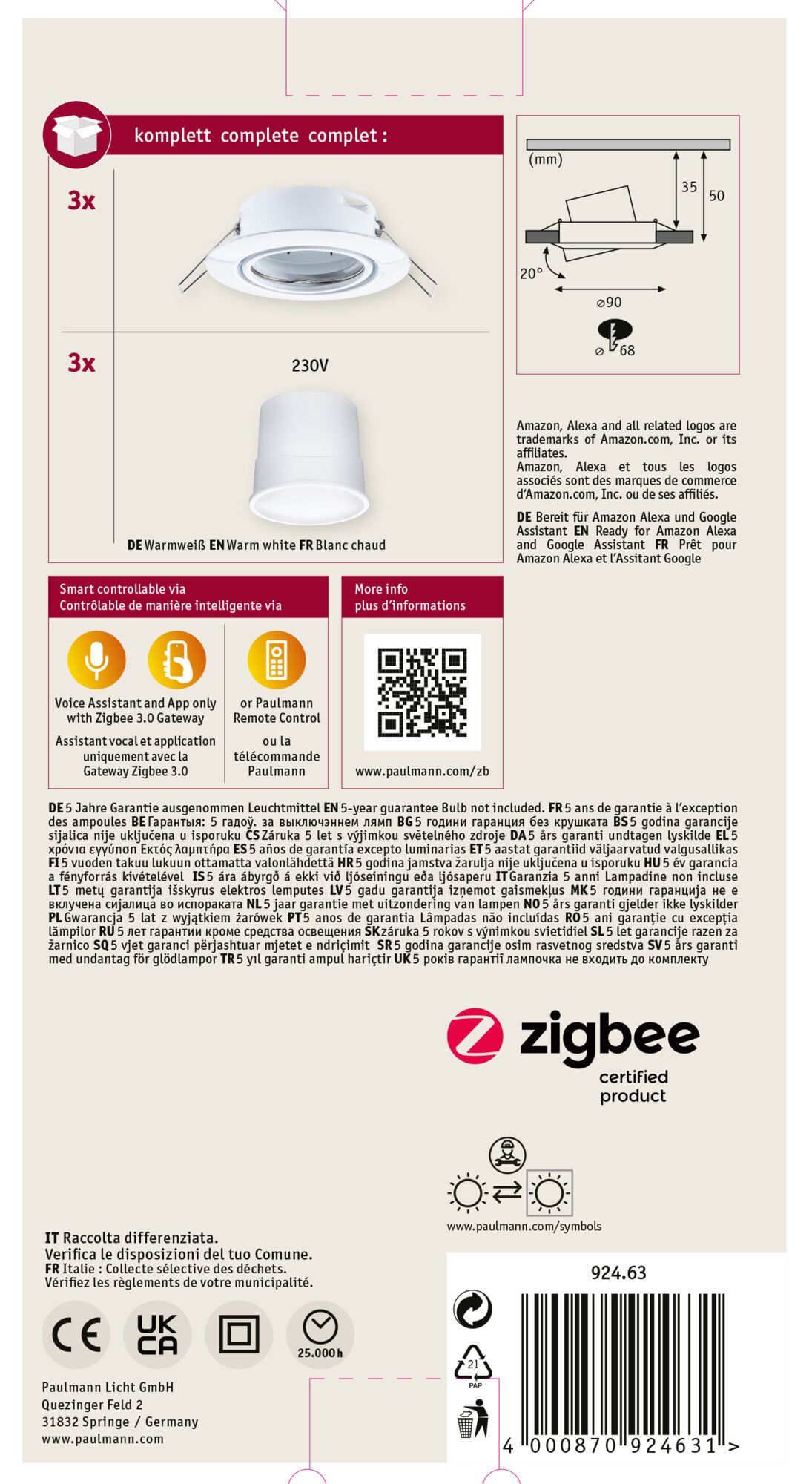 Białe reflektory wpuszczane, 3 szt., z białą lampą cylindryczną i informacjami o produkcie. Czarny tekst na białym tle.