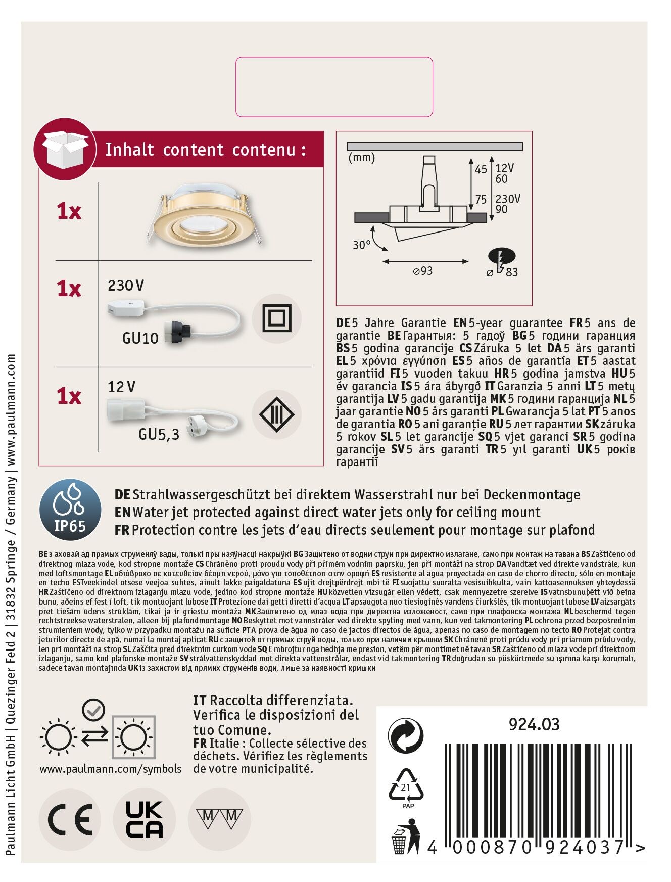 Produktverpackung mit Leuchten, Diagrammen und Textbeschreibungen. Enthält technische Daten.